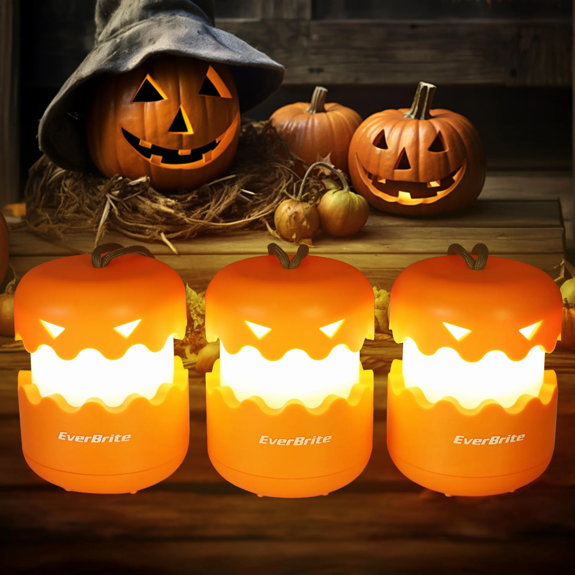 EverBrite Halloween Pumpkin Lantern 3 Pack, Collapsible Jack O Lantern with Lanyard, Battery Included for Party Decoration