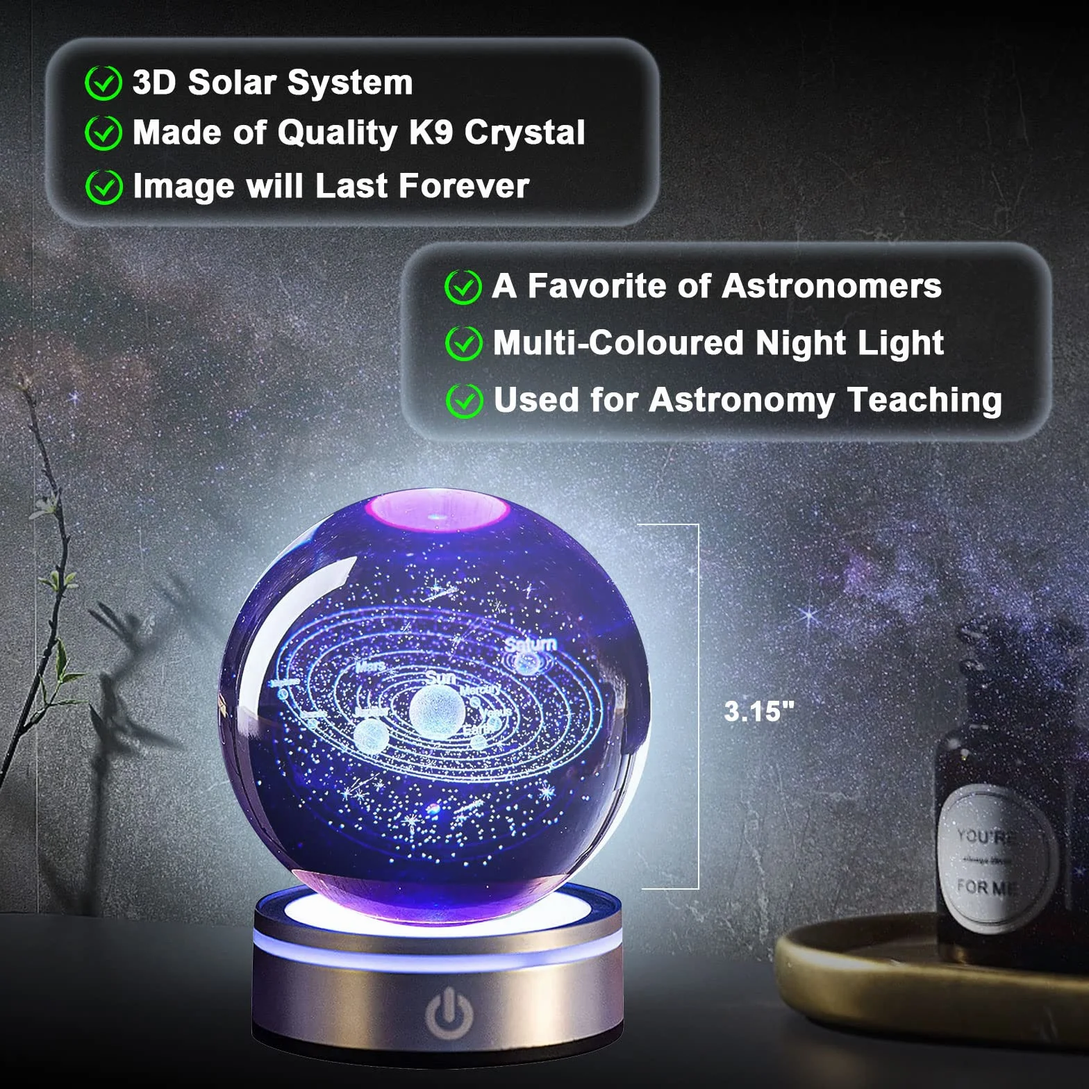 GAESHOW Szklana kula 3D Układ Słoneczny 8cm z podstawą lampy LED