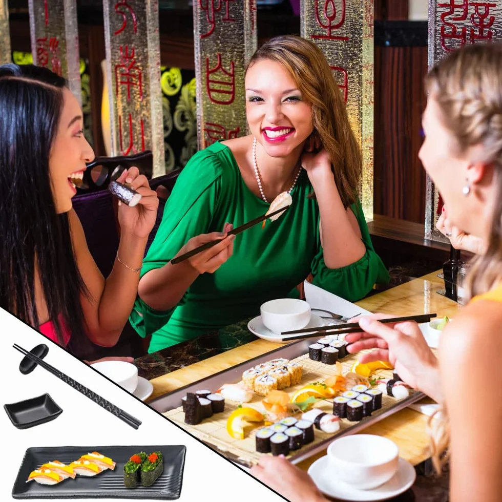 ACONDE Zestaw do Sushi: Talerz z Miseczkami do Dipów, Naczynia z 2 Parami Pałeczek, 2 Półki na Pałeczki, 2 Talerze - Czarny