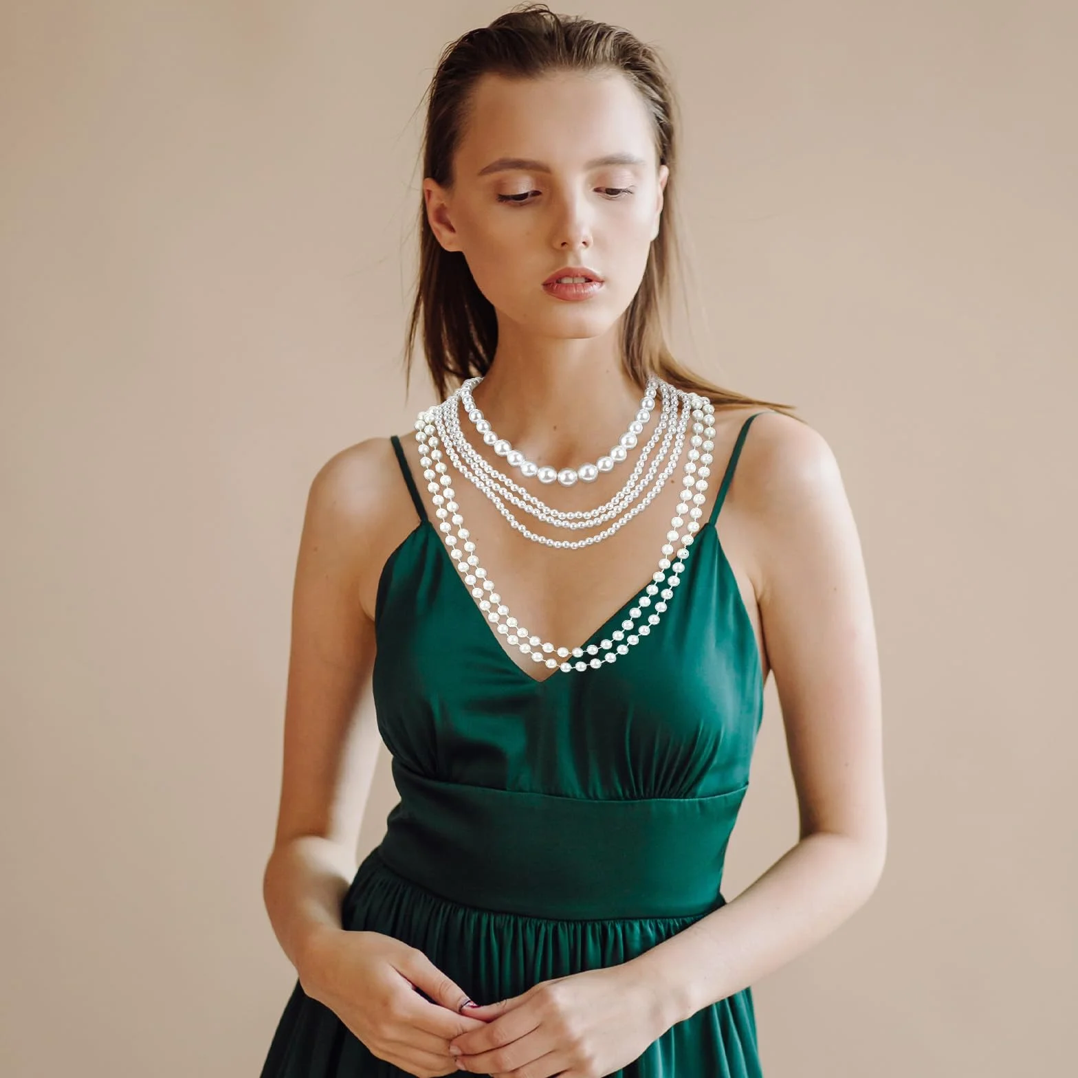 6 szt. długi naszyjnik z pereł, vintage, elegancki naszyjnik ze sztucznych pereł, Flapper, lata 20., perłowe akcesoria, modny warstwowy naszyjnik na sznurku, Gatsby, biżuteria kostiumowa, na
