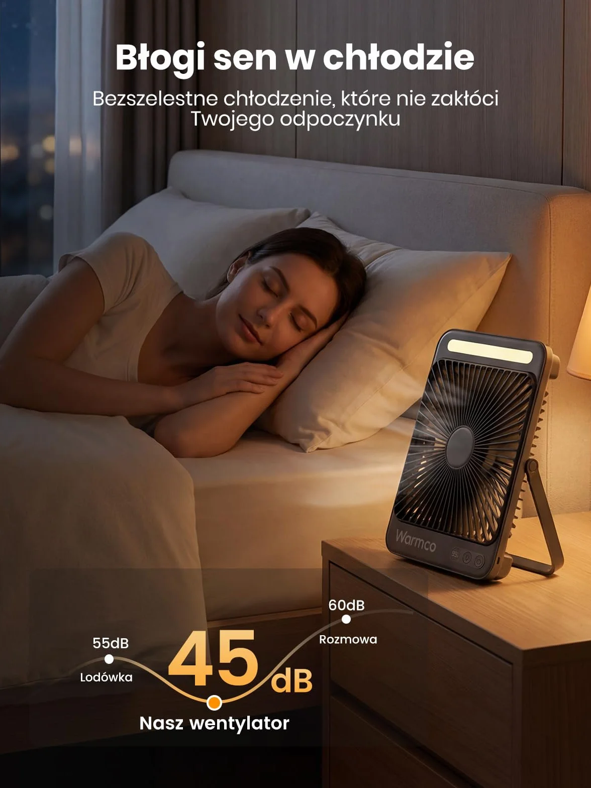 Warmco Wentylator Kempingowy 20000mAh Akumulatorowy, Płaski Wysokość 27cm z Lampką LED, Czas Pracy 48h, Przenośny Wiatrak do Namiotu, Podróży, Na Zewnątrz