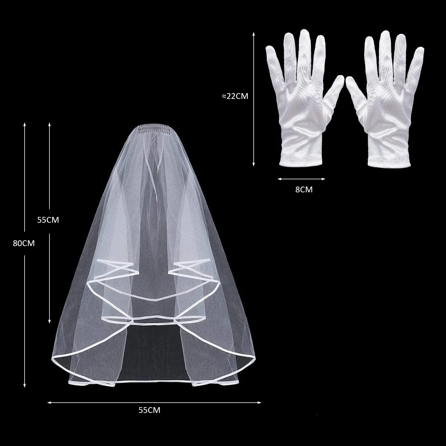 Biały welon 80 cm + para krótkich, białych satynowych rękawiczek, ślubny tematyczny bankiet, ozdoba głowy ślubnej, welon ślubny, tiul i grzebień krótki welon, satynowa krawędź, biały, Rozmiar