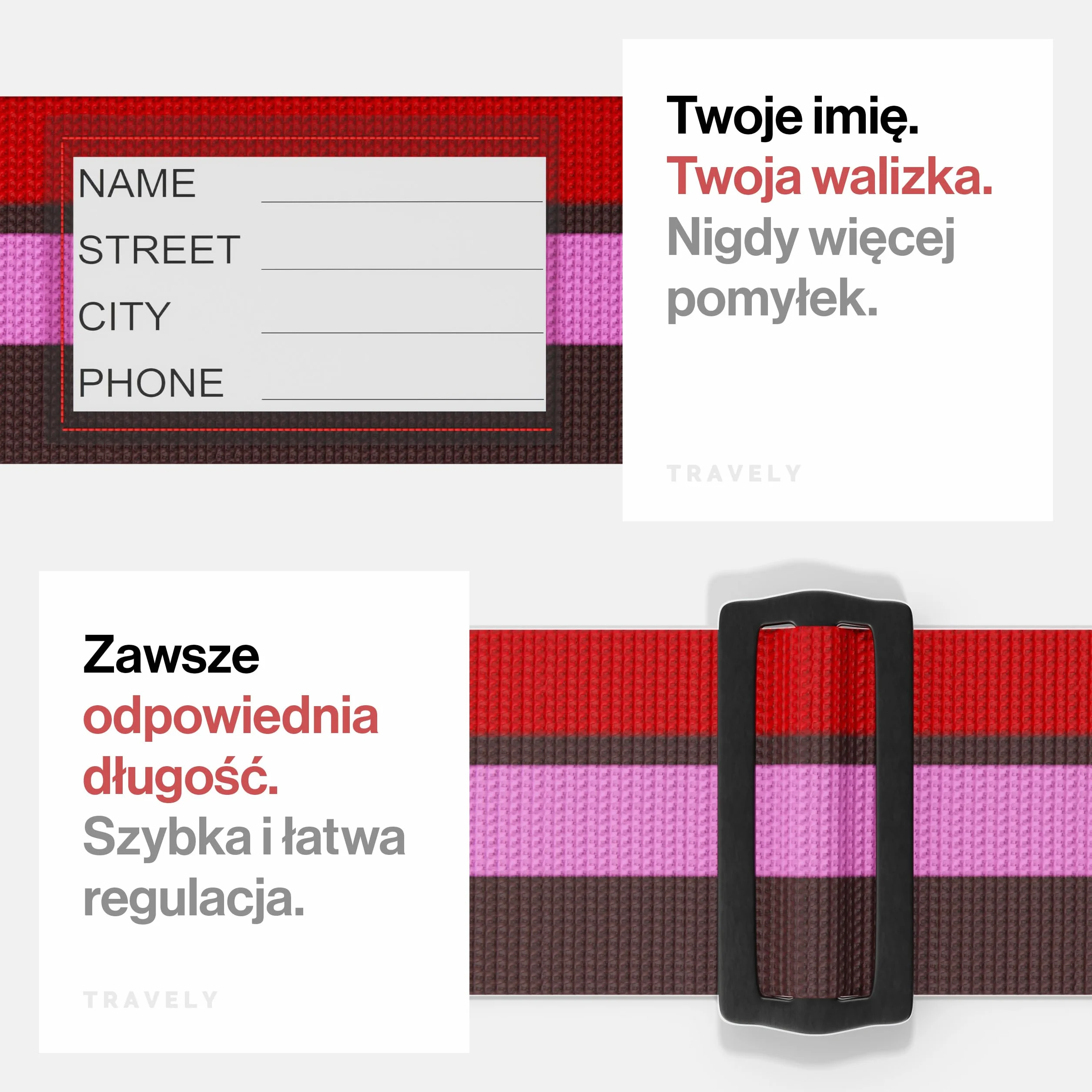 Travely® Pasek do bagażu premium – szczególnie przyciągający wzrok i bezpieczny – zawiera 2 zawieszki z imieniem – pasek do bagażu idealny na krzyż – zestaw 2 szt., kolorowy