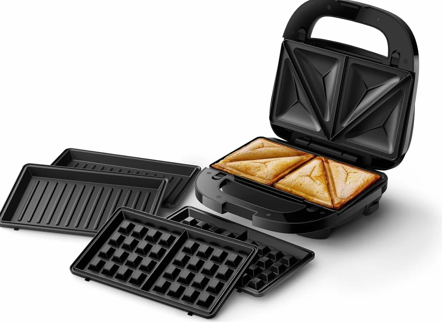 Philips Opiekacz do kanapek z serii 5000 – 3 zestawy płyt do panini, tostów i gofrów, Nieprzywierające płyty grillowe, Szczelnie zamykane płytki, Moc 750 W, Czarny (HD2350/80)