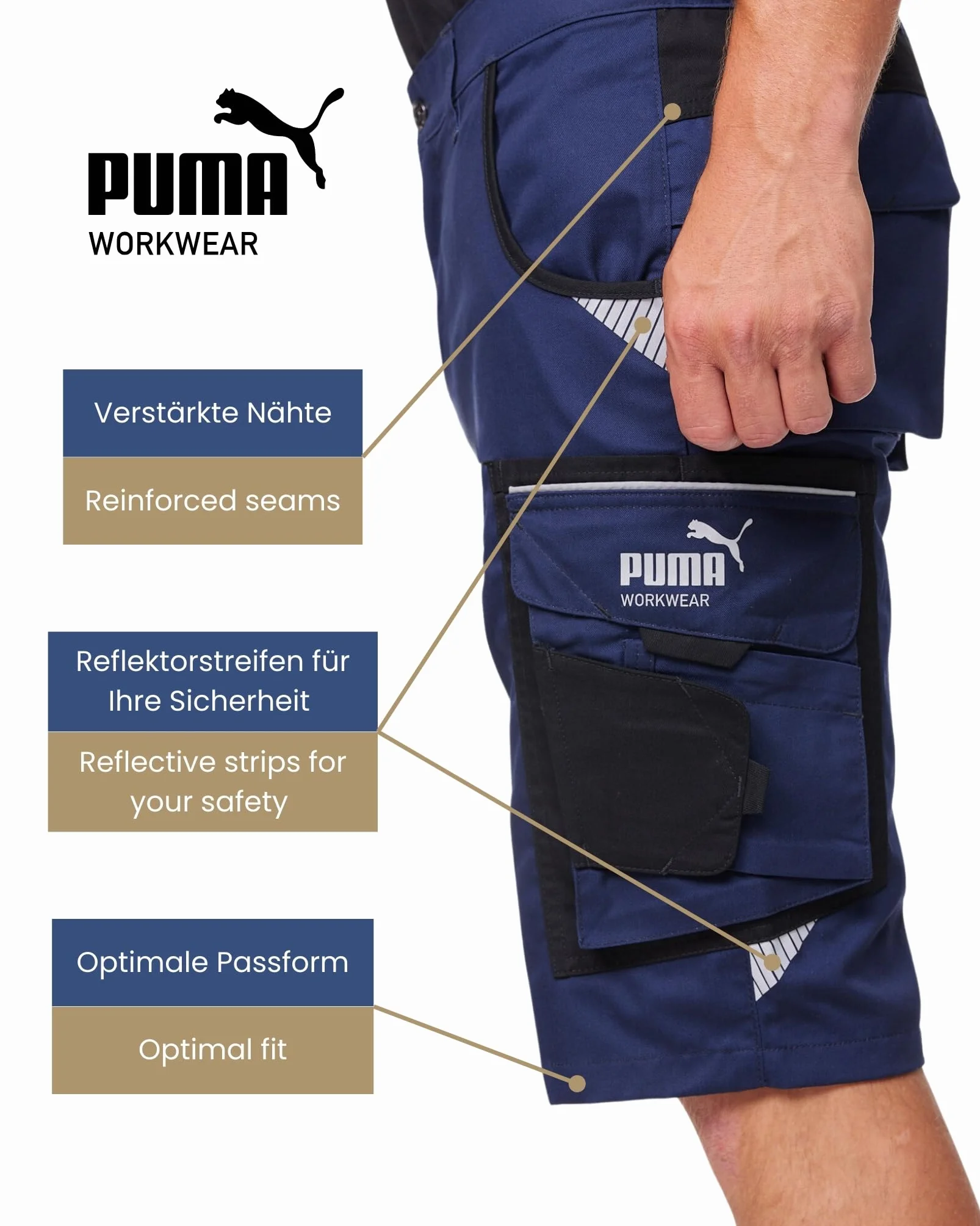 PUMA WORK WEAR Szorty robocze premium z wieloma kieszeniami i wzmocnionym materiałem