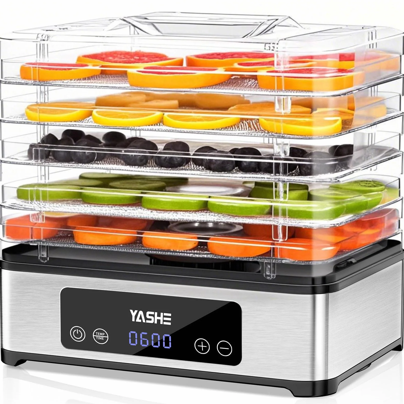 YASHE Dehydrator do Żywności 5-Tacowy Suszarka ze Stali Nierdzewnej 400W Regulowany Timer Temperatura