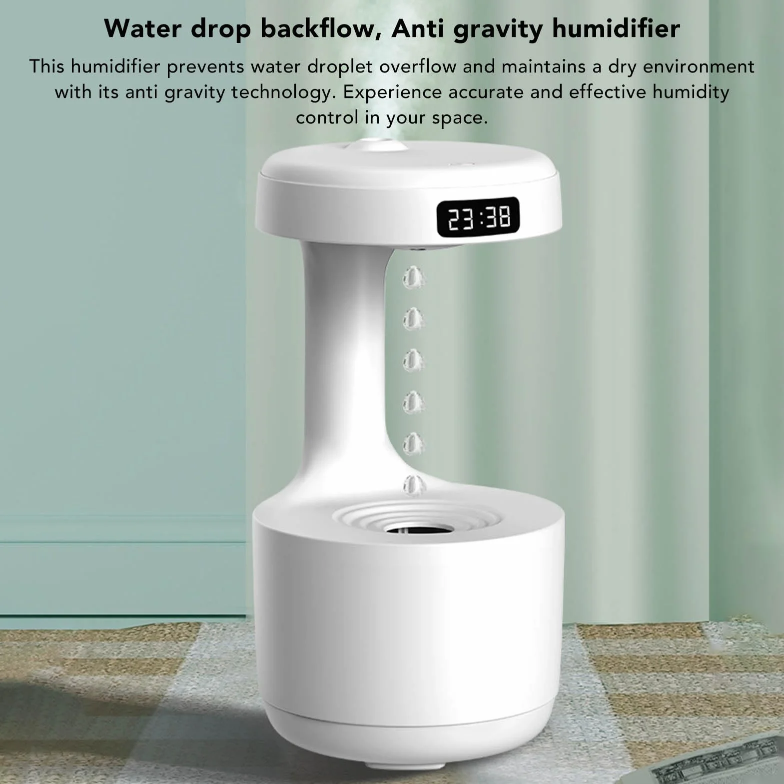 Nawilżacz kropli wody antygrawitacyjny, 800 ml nawilżacz mgły chłodzącej USB z lampką nocną, cichy nawilżacz powietrza z kroplami wody, zegar LED do domu, sypialni, biura (Biały)