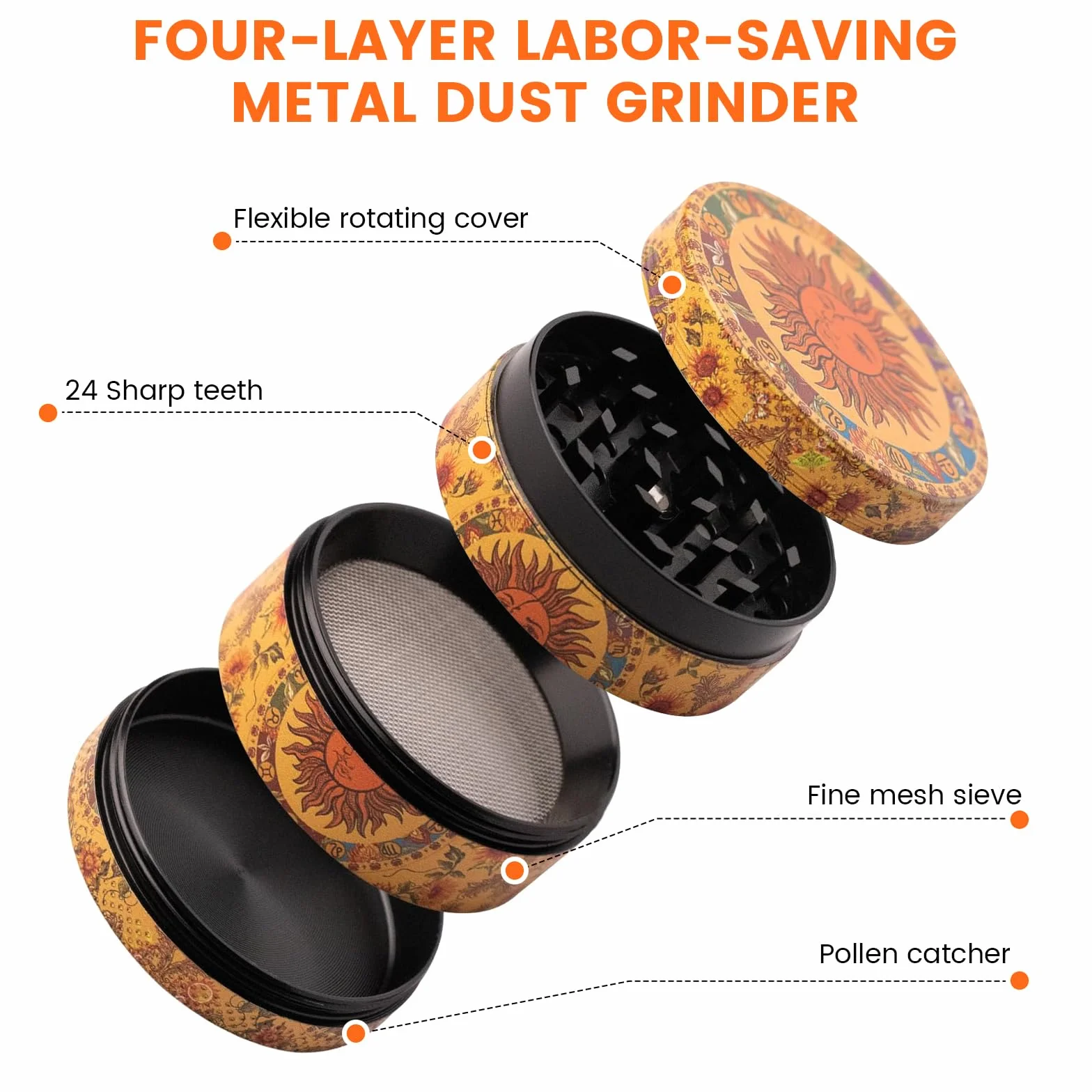 Grinder duża kruszarka, młynek do przypraw 50 mm ze skrobakiem i plastikową szczotką, 4 warstwy słońca, młynek do pyłków, metal, 4-częściowy zestaw do przypraw
