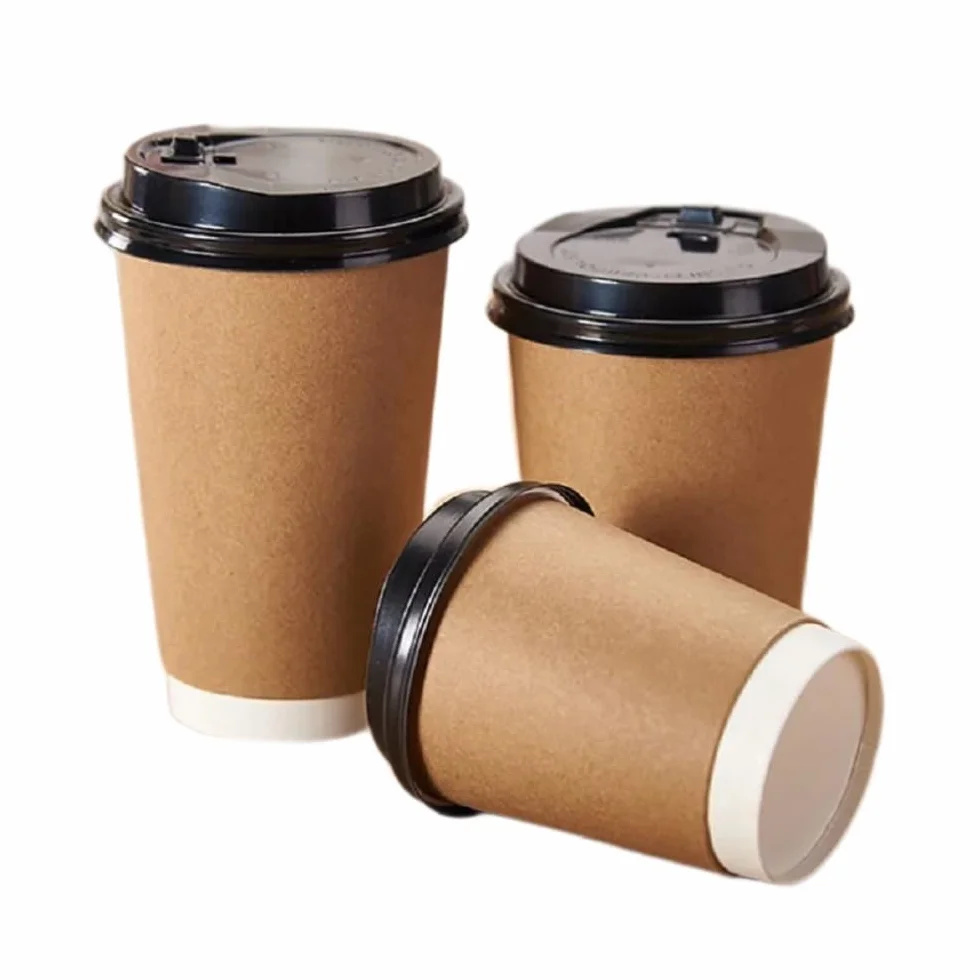 Papierowe kubki jednorazowe 350 ml 473 ml brązowe z czarnymi pokrywkami