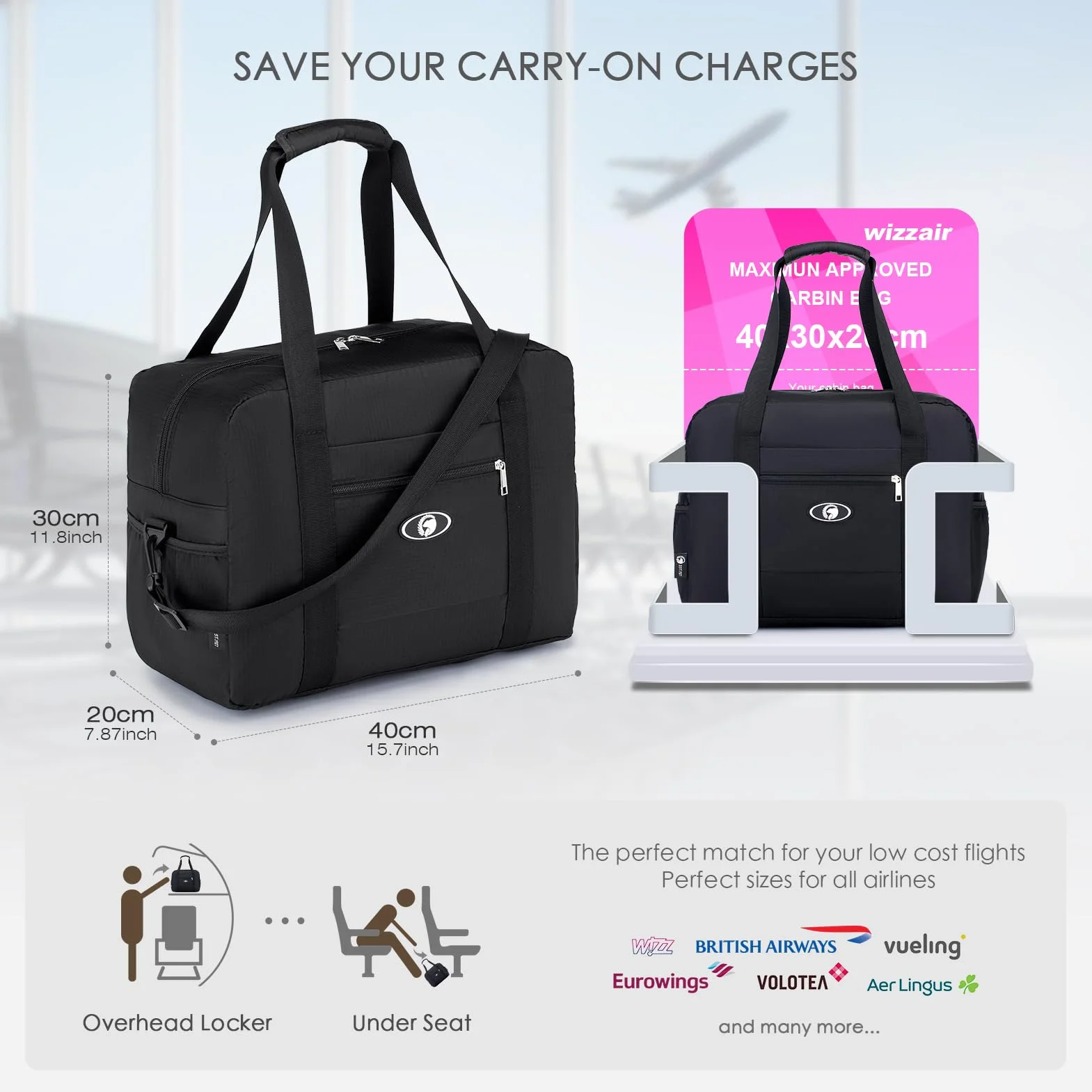 SPAHER 2X Torba Kabinowa 40x30x20 Wizzair Składana Torba Podróżna Wodoodporna Torba Kabinowa Pod Siedzeniem Lekka Torba Podręczna Walizka Torebka Bagaż Podręczny dla Kobiet i Mężczyzn 25L