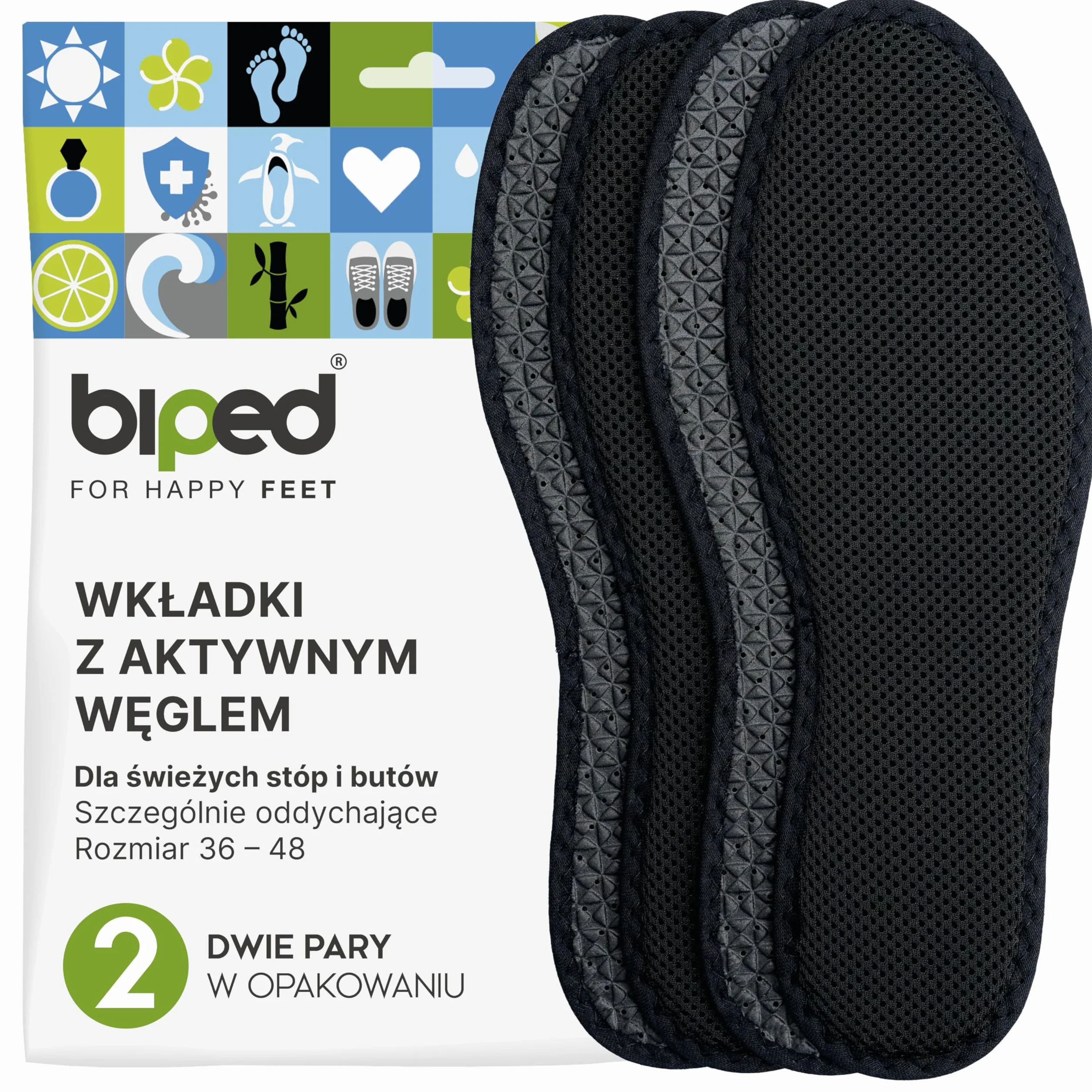 biped 2 pary wkładek z węglem aktywnym - Higieniczna świeżość do sneakersów, butów sportowych i roboczych - Na potliwość - Można prać z1017(40)