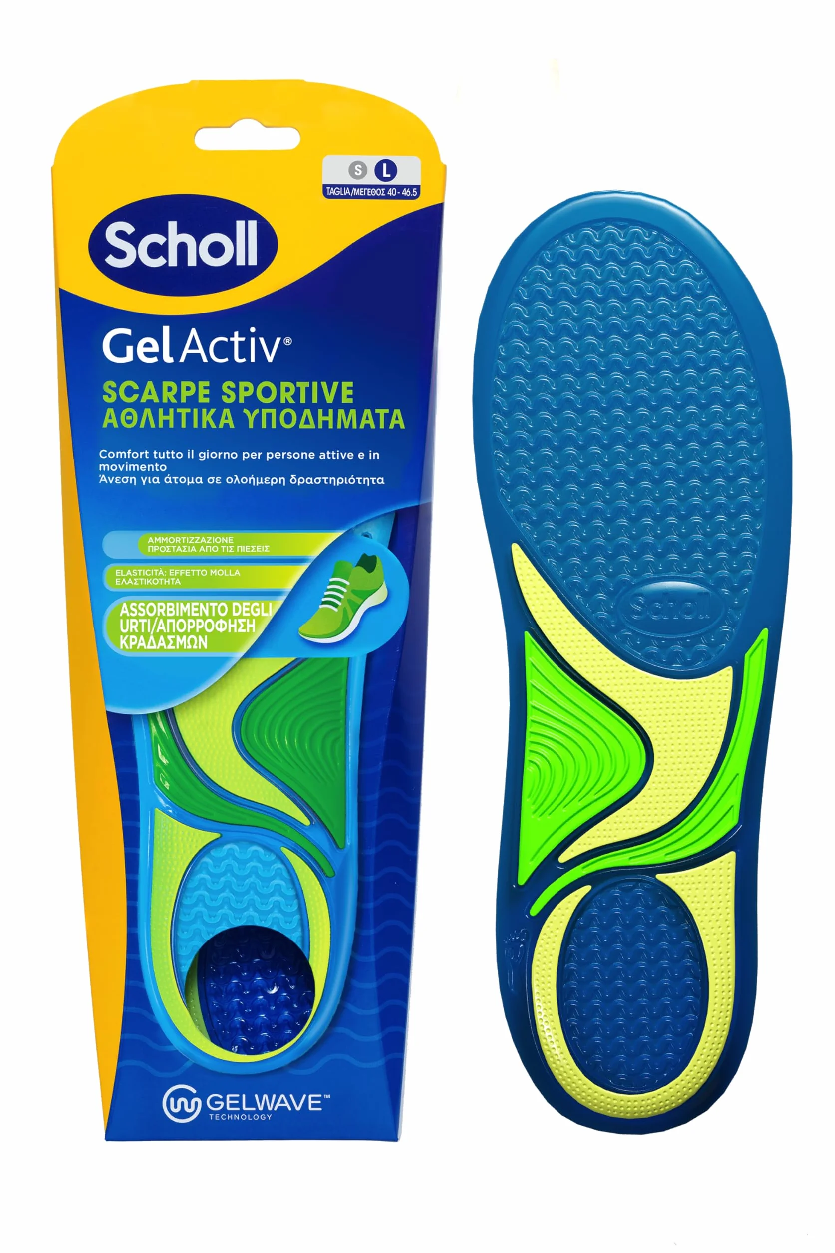 Scholl GelActiv wkładki do butów sportowych, amortyzujące podeszwy z technologią GelWave, całodzienny komfort dla osób aktywnych i ruchomych, rozmiar 40-46,5