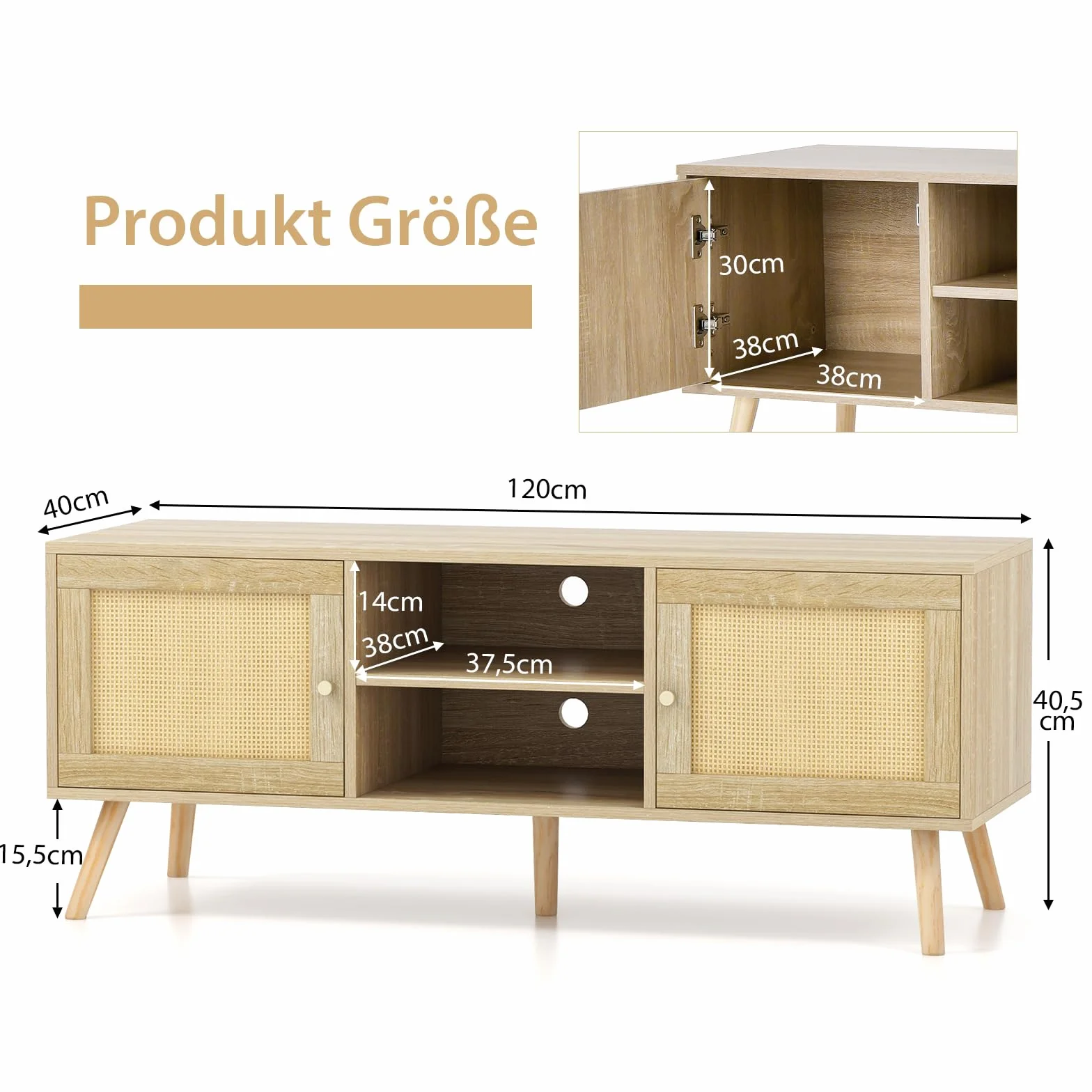 COSTWAY Szafka TV 120x40x48,5 cm niski stolik z ratanu 2 drzwi otwarte półki