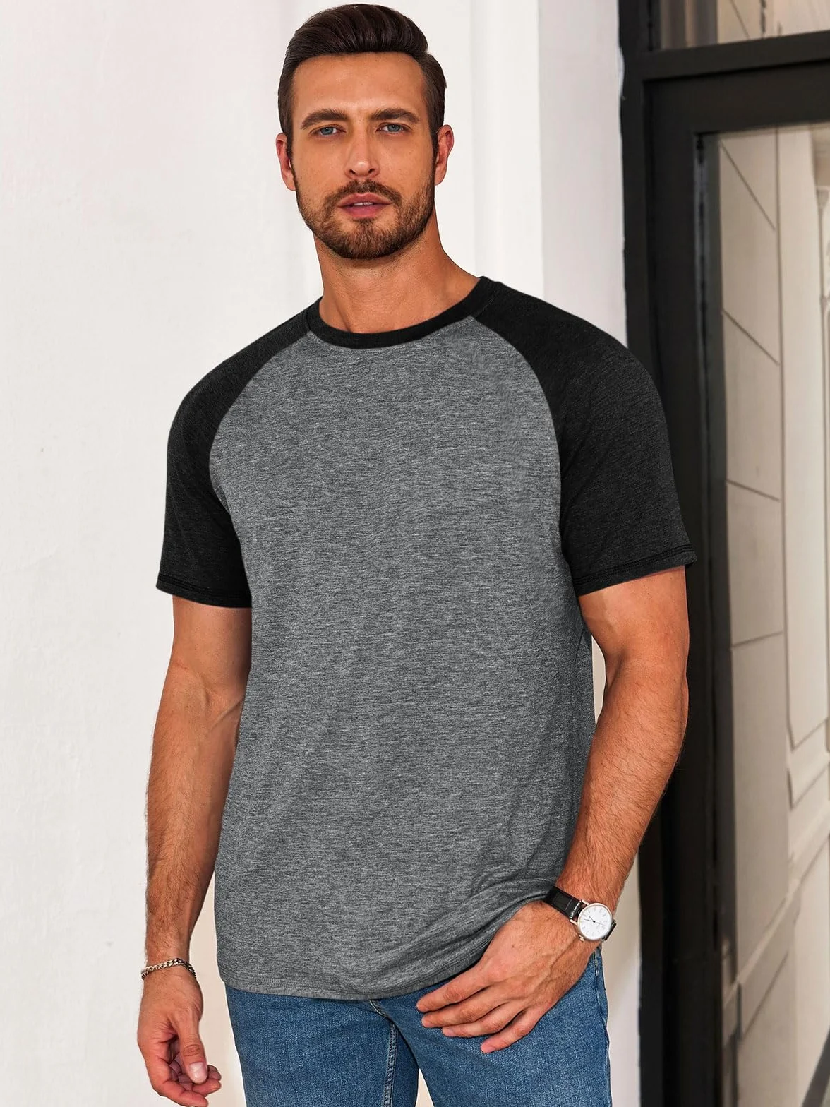 Runcati Męski T-shirt z krótkim rękawem, krój slim fit, koszulka męska na lato, okrągły dekolt, rękawy raglanowe, koszulka sportowa, blok kolorów, na siłownię, do fitnessu, na co dzień