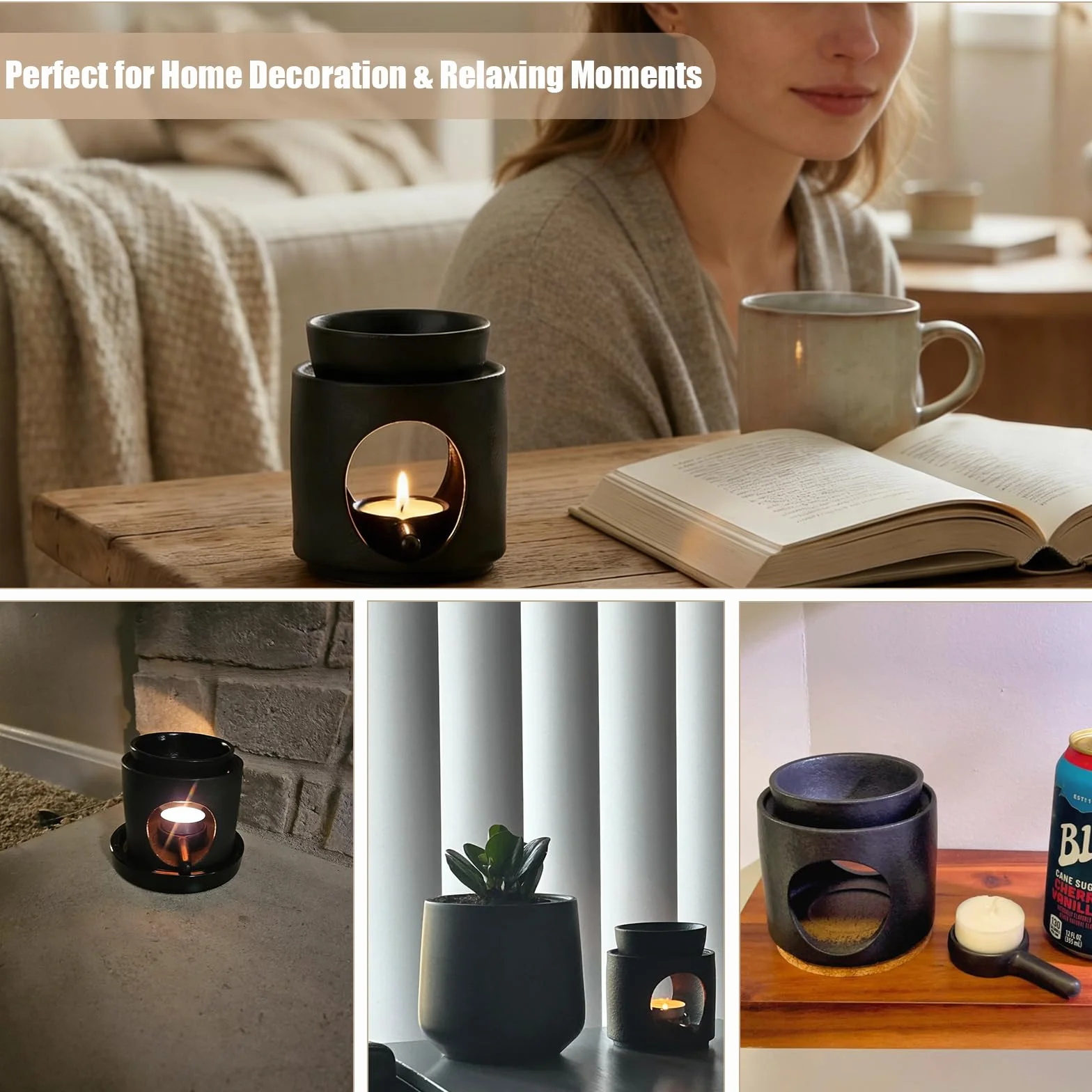 Lampa zapachowa z ceramiki, matowa czarna, 2 w 1, z sitkiem ze stali nierdzewnej i szczotką do czyszczenia, zdejmowana miska, uchwyt na podgrzewacze na olejki eteryczne, wosk zapachowy zioła