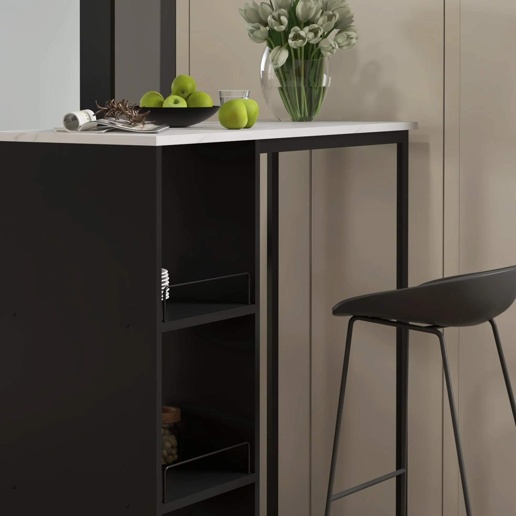 HOMCOM Stolik barowy kuchenny z blatem marmurowym stalowa rama 105x40x105 cm biały