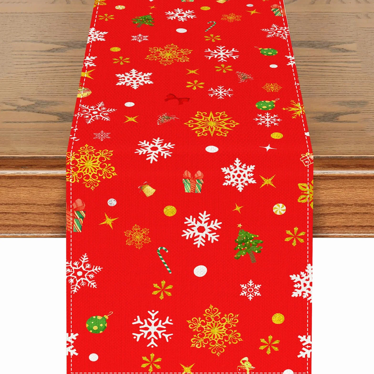 Czerwony bieżnik bożonarodzeniowy 33 cm x 183 cm, nowoczesny, świąteczny, czerwony, zimowy, w choinki i płatki śniegu, na stół, idealny na przyjęcie świąteczne, dekoracja bożonarodzeniowa na stół
