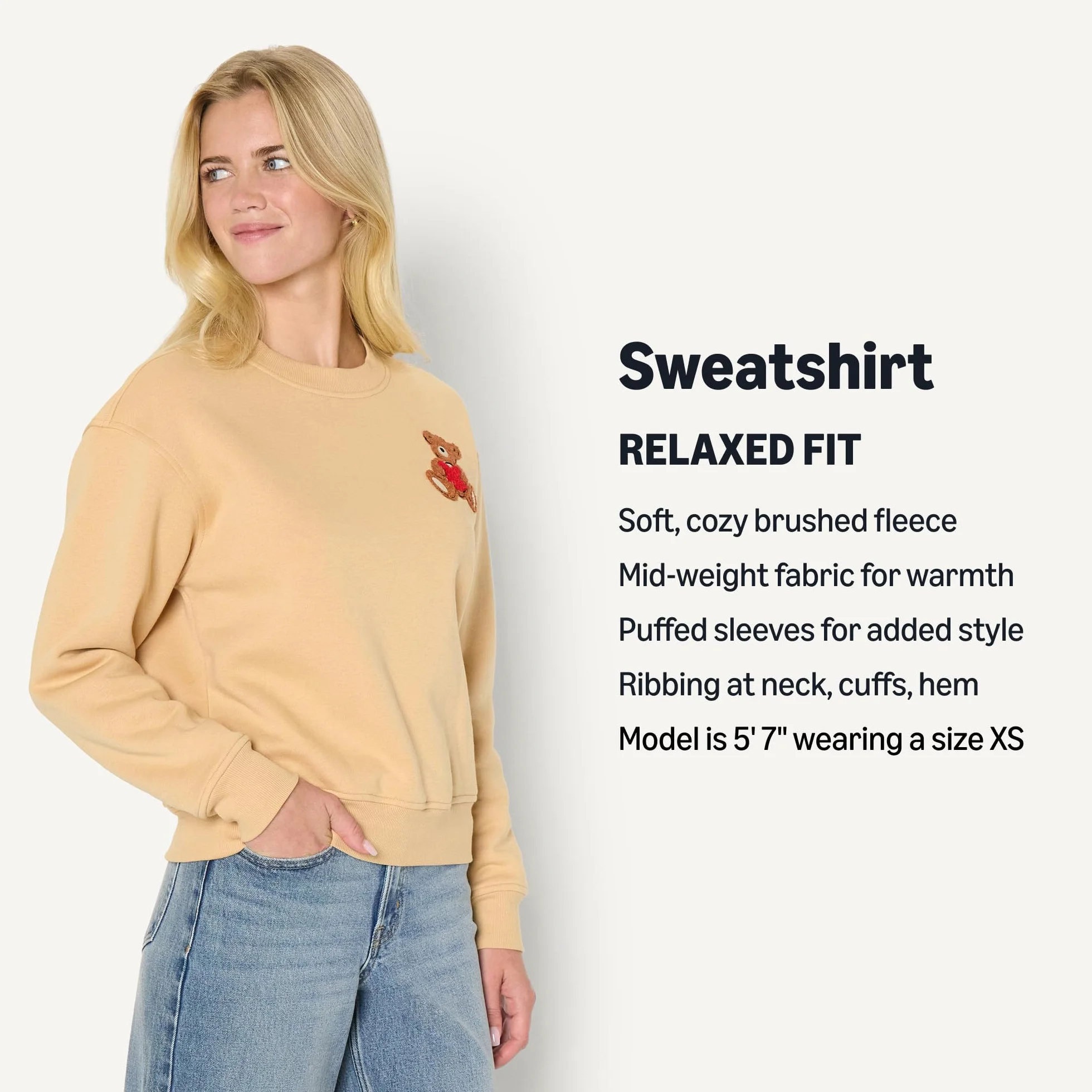 Amazon Essentials x Sofia Grainge Damska bluza z okrągłym dekoltem Boxy Drop Shoulder Crewneck, Light Camel Bear Heart, S