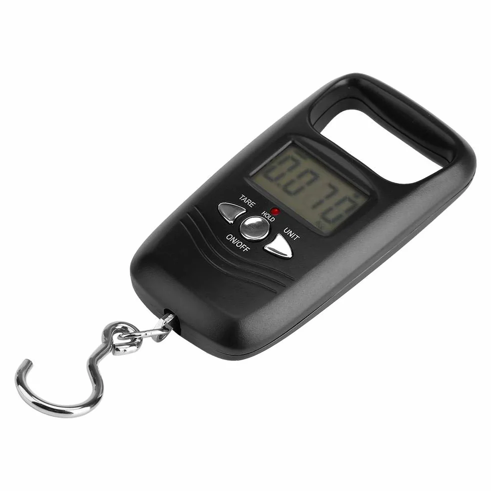 Waga bagażowa, 50 kg, cyfrowa waga wisząca, LCD, elektroniczna waga kieszonkowa z podświetleniem, do podróży, rodzinnych zakupów, wędkowania i innych aktywności na świeżym powietrzu (czarna)