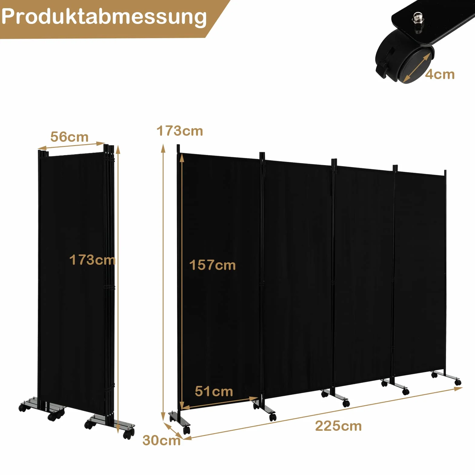 GOPLUS 4-częściowa składana ścianka działowa 225 x 173 cm metalowa rama parawan z rolkami czarny