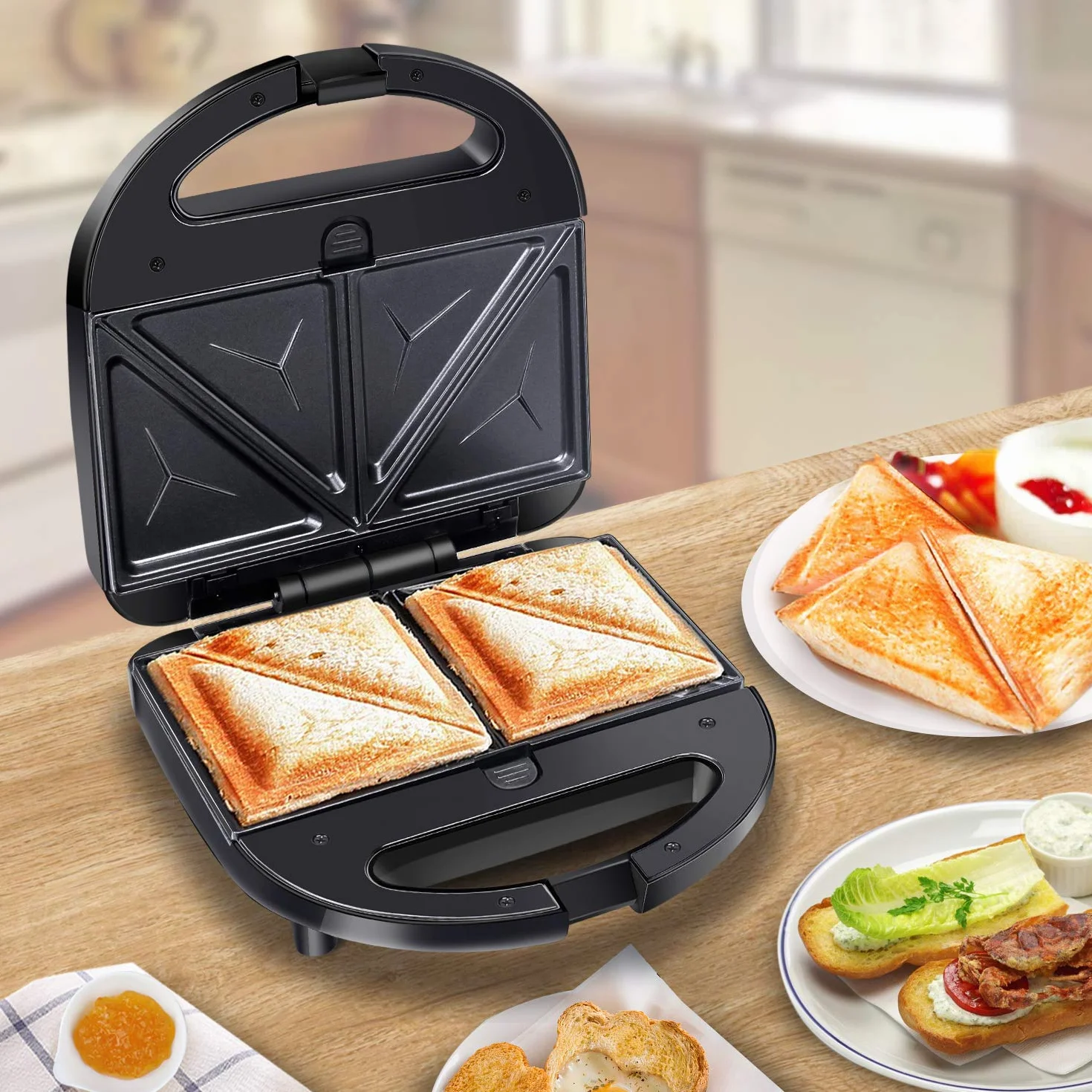 Aigostar - Opiekacz do kanapek 3 w 1, 750 W, 3 Zdejmowane płyty grillowe, Grill kontaktowy, Gofrownica, Nieprzywierająca powłoka, Można myć w zmywarce, Trójkątny, Pionowe przechowywanie, Czarny