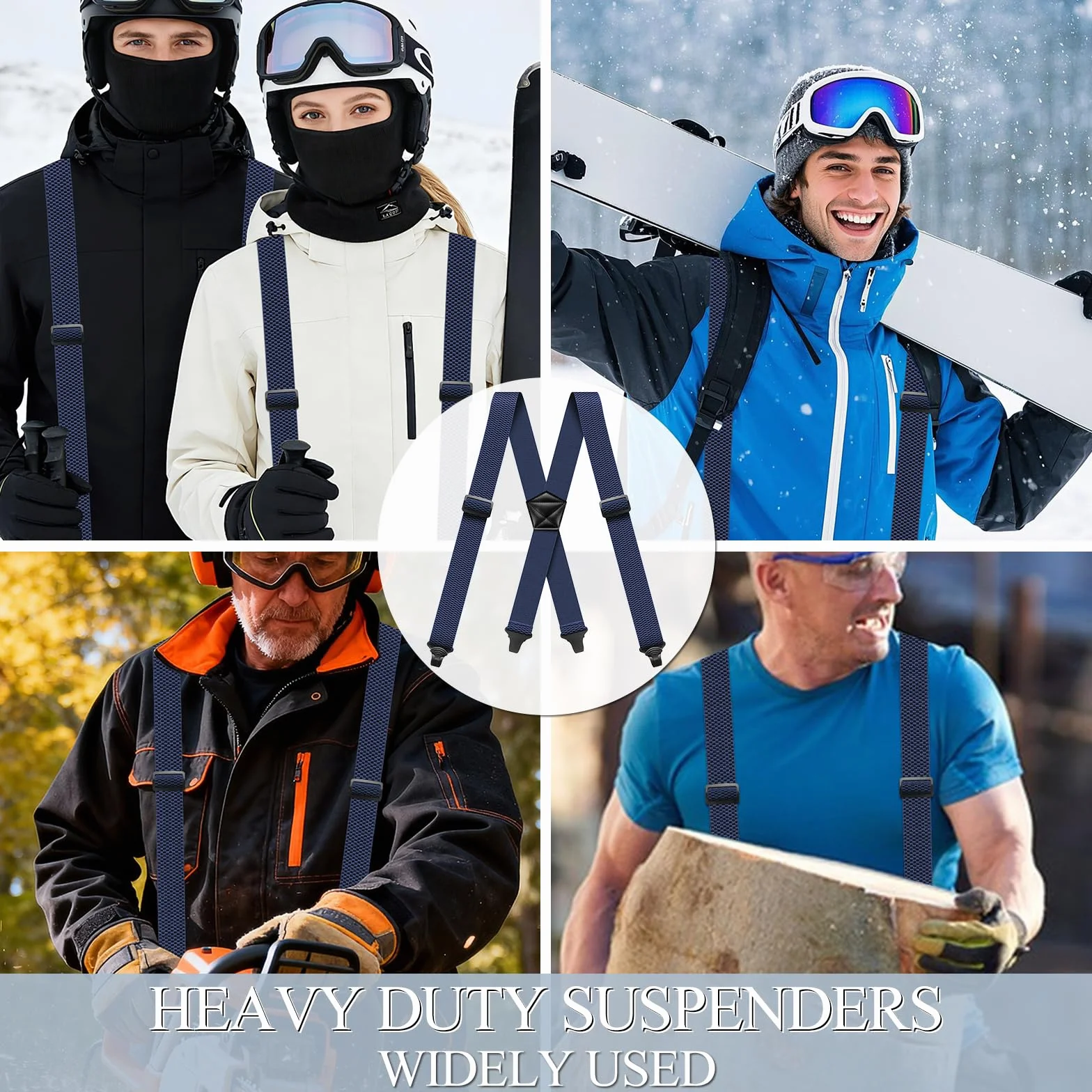 Suspenders for Men Heavy Duty 1,6 cala Wide Airport Friendly Hidden Suspenders with 4 Plastic Gripper Clasps Adjustable Elastic Braces for Casual Work X-Back ciemnoniebieski
