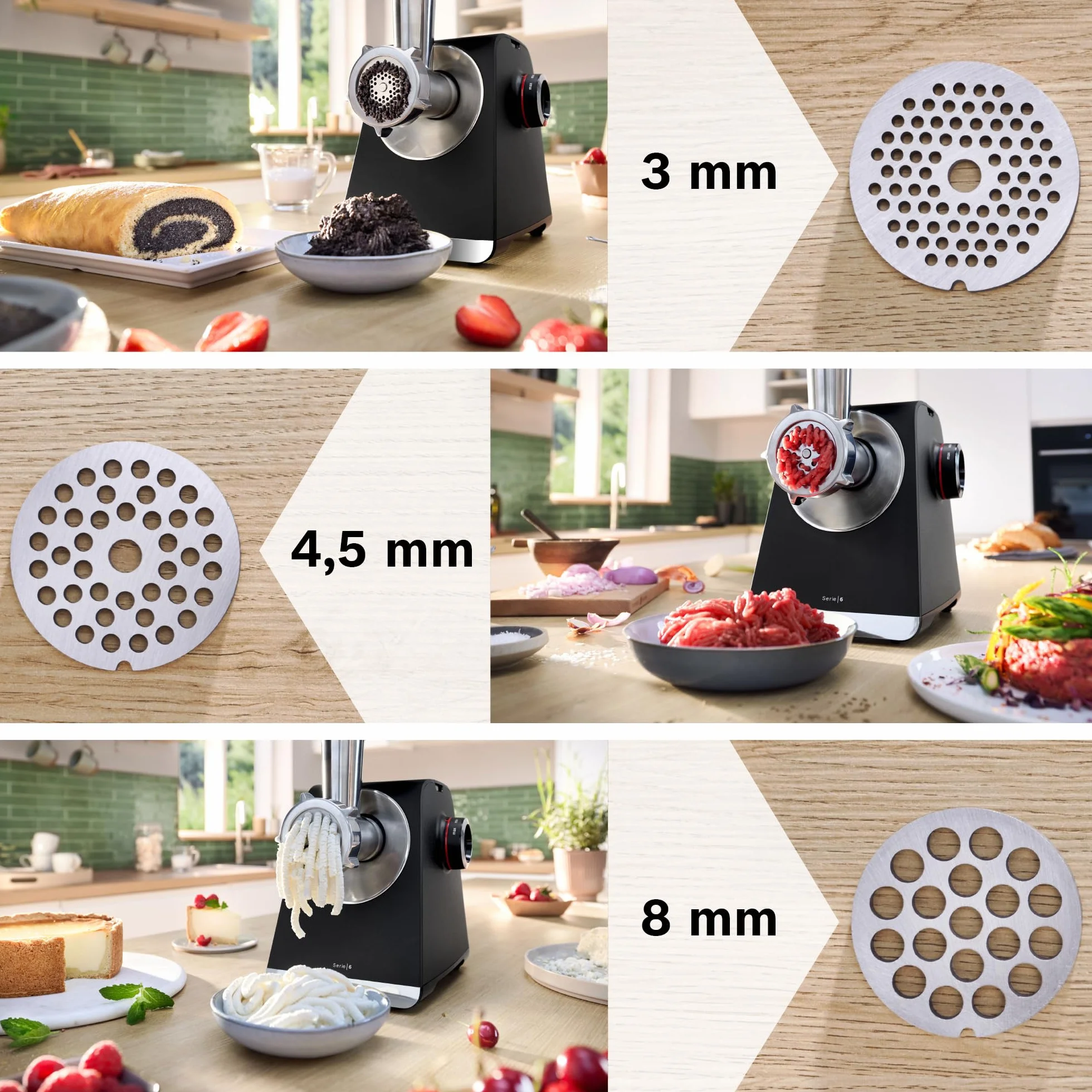 Bosch maszynka do mięsa seria 6 MFWS682B, 3,5 kg/min, wyciskarka do cytrusów, tarka, ubijak do kiełbasy, 2 tarcze perforowane (3 i 8 mm), silnika 10 J, przekładnia planetarna, czarna