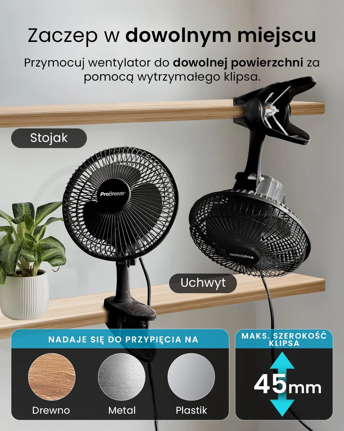 Pro Breeze Mały Wiatrak Wiatraczek z Klamrą, Biurowy Wentylator z Klipsem, Średnica 15 cm, 15 Watt, Czarny