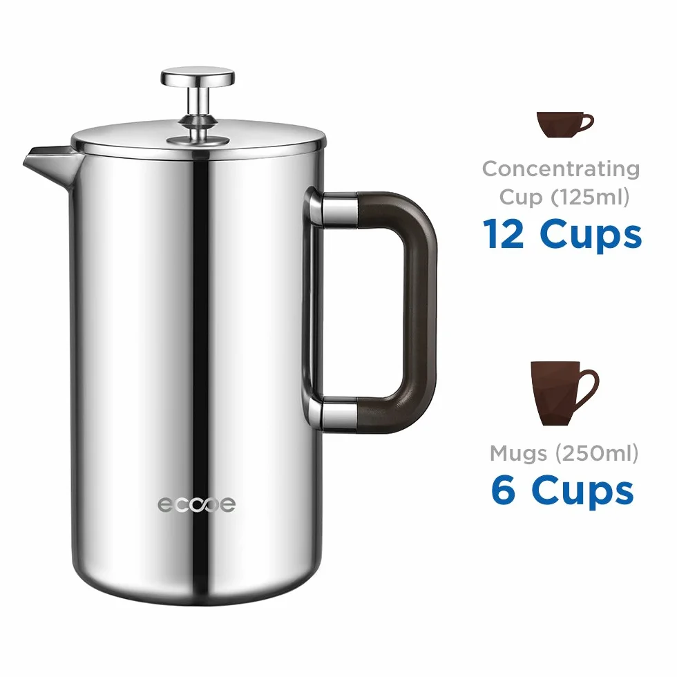 Ecooe French Press zaparzacz do kawy 1,5 L stal nierdzewna 18/10 3 filtry