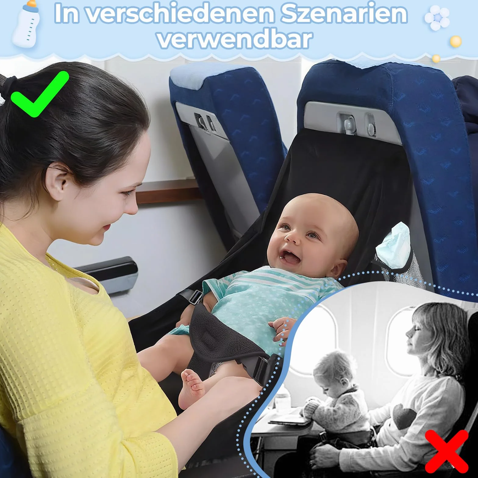 Łóżko samolotowe dla niemowląt, przenośne przedłużenie siedzenia samolotu, oddychający, komfortowy hamak, lot dla dzieci, do spania w samochodzie, do szopki i podnóżka