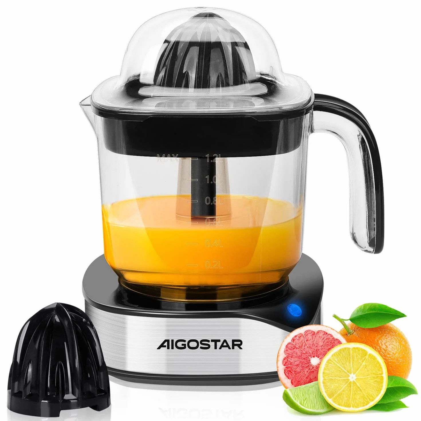 Aigostar Elektryczna Wyciskarka do Cytrusów 40W Dwa Stożki | do Cytryn Pomarańczy Grapefrutów Limonki | Pojemność 1200ml Praktyczne Sitko Dwustronna Rrotacja.