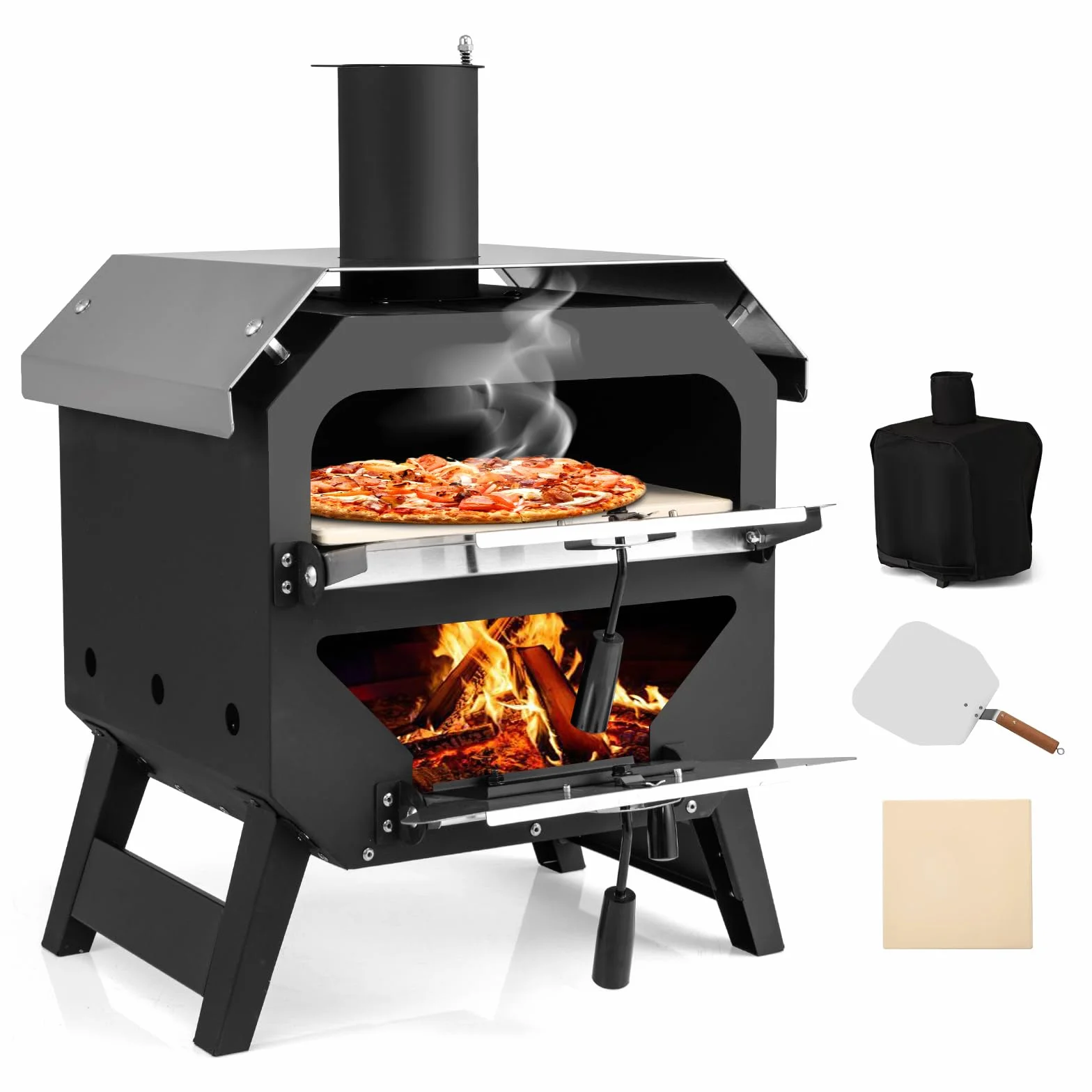 KOMFOTTEU Piec do pizzy na zewnątrz, przenośny piec do pizzy z kamieniem do pizzy, łopatką do pizzy i pokrowcem z tkaniny Oxford, piec na drewno ze stali nierdzewnej z uchwytami, piec do pizzy do