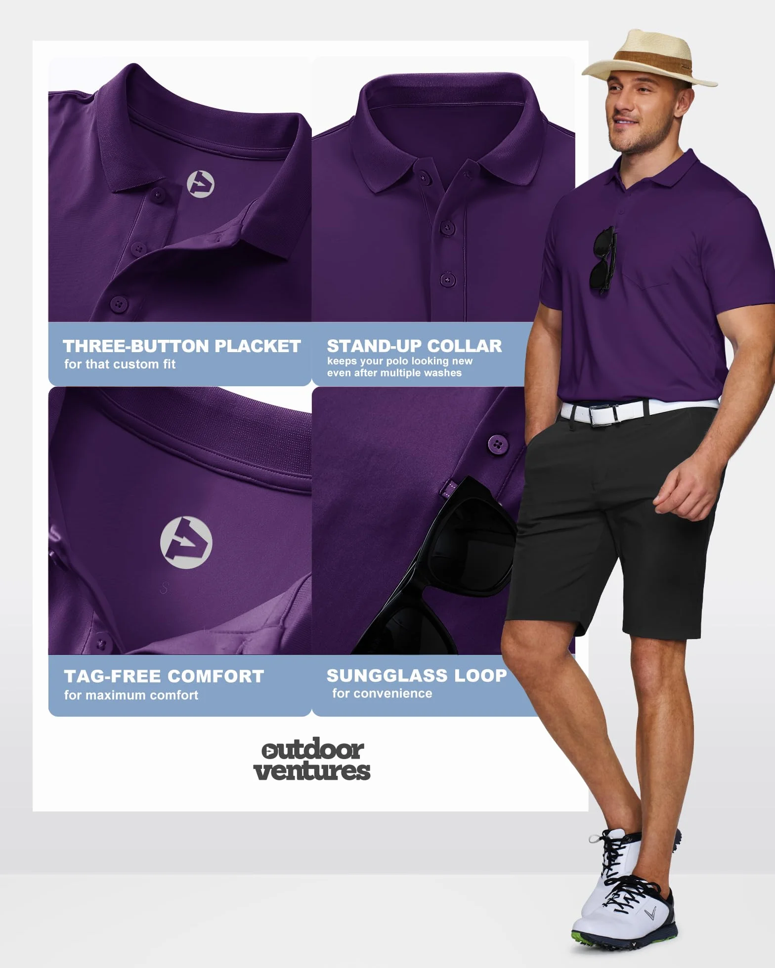 Outdoor Ventures Męska koszulka polo z kieszenią na piersi, letnia koszulka golfowa UPF50+, ochrona przed słońcem, krótki rękaw, szybkoschnąca, koszulka sportowa, jednokolorowa koszulka polo dla