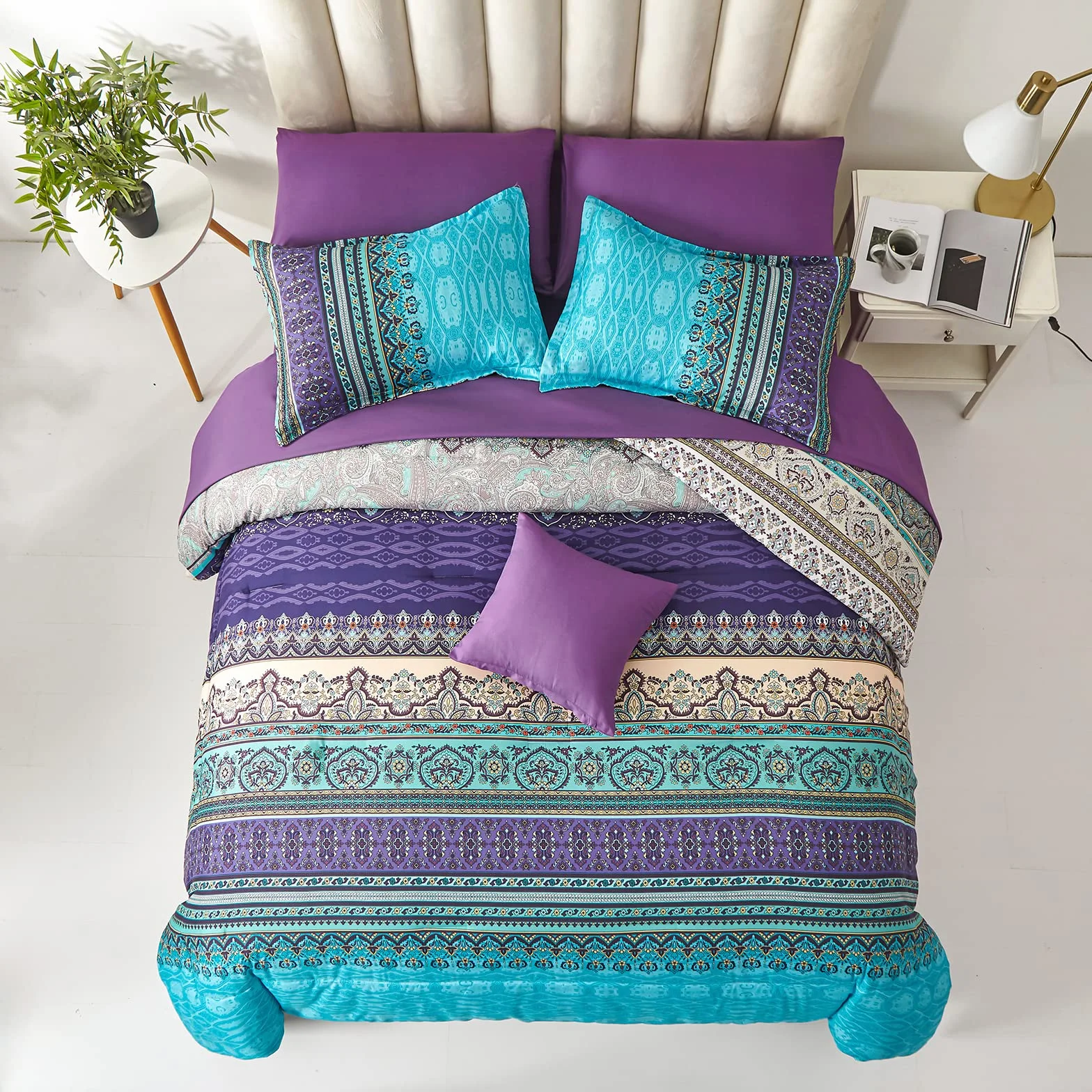 Zestaw pościeli Boho 8-częściowy king-size Aqua Paisley mikrofibra