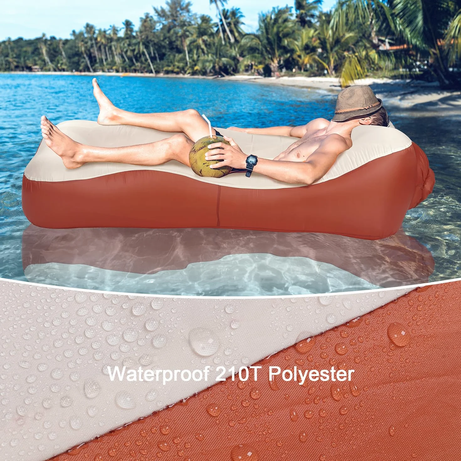Nadmuchiwana sofa powietrzna, lekka, przenośny, nadmuchiwany leżak z torbą do przenoszenia, wodoodporna, dmuchana sofa kempingowa, na plażę, basen, festiwal muzyczny, czerwony i beżowy
