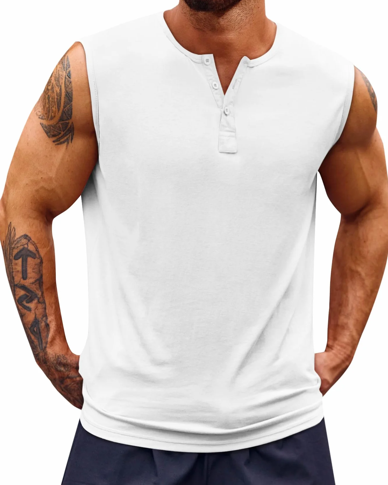 Runcati Męski tank top bez rękawów, na siłownię, fitness, Henley, jednokolorowy, slim fit, koszulka mięśniowa, luźna, basic, na lato, na plażę