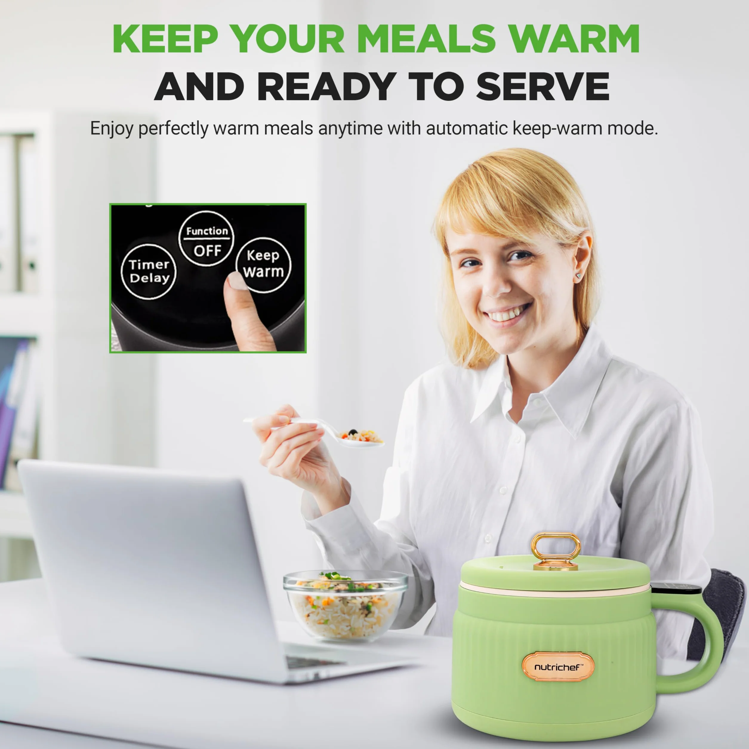 NutriChef 1.6 QT Elektryczny Garnek Do Ryżu Wielofunkcyjny Ceramika Antypoślizgowa Panel Cyfrowy 6 Funkcji Gotowania Zielony