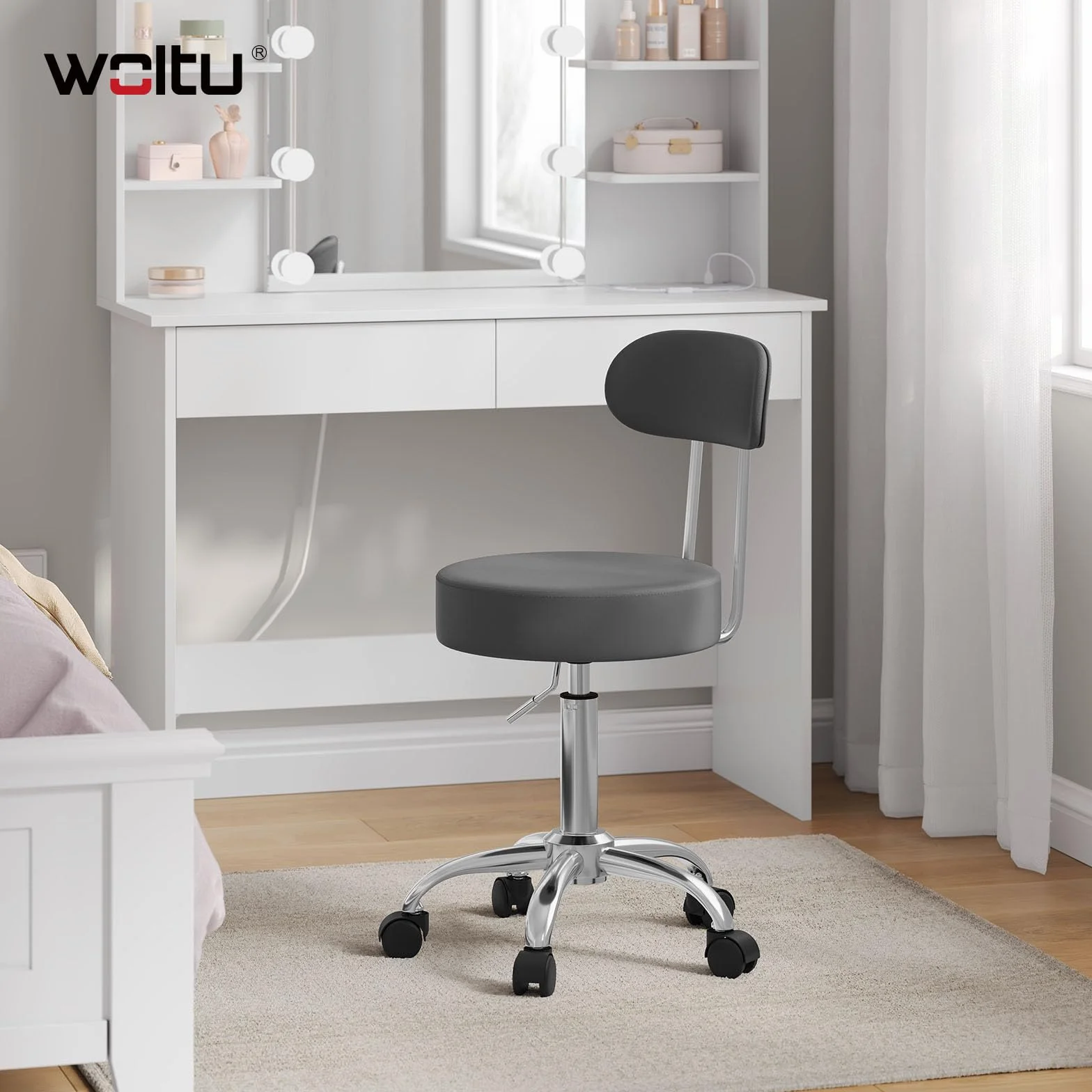 WOLTU Taboret na kółkach, toaletka, taboret z regulacją wysokości, z kółkami i oparciem, szary, taboret roboczy obrotowy o 360°, taboret biurowy, taboret kosmetyczny do warsztatu, salonu piękności