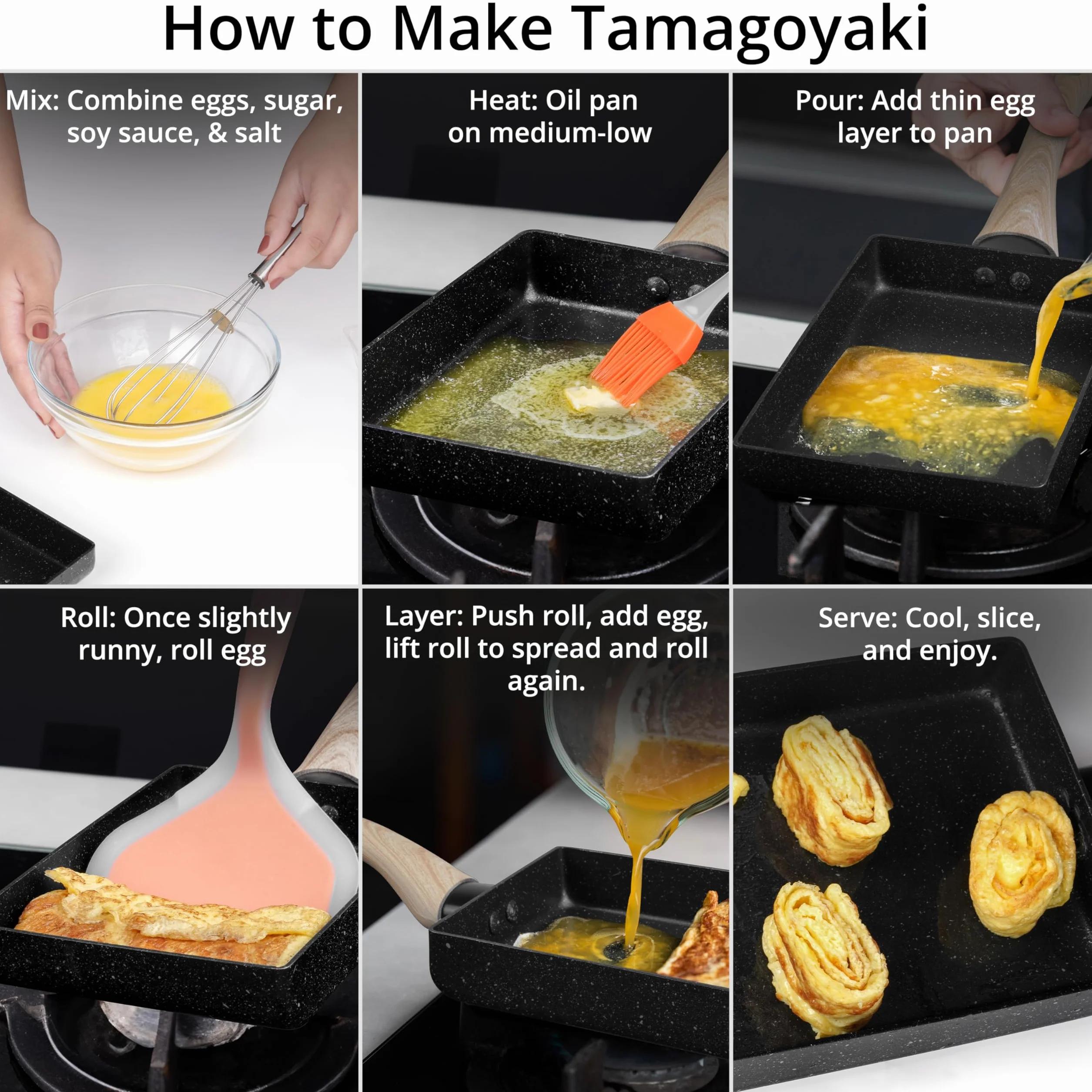 Winter Shore Patelnia do Tamagoyaki Zestaw: Prostokątna Patelnia z Drewnianym Uchwytem, Talerz, Szczotka do Oleju, Łopatka Silikonowa i Pałeczki
