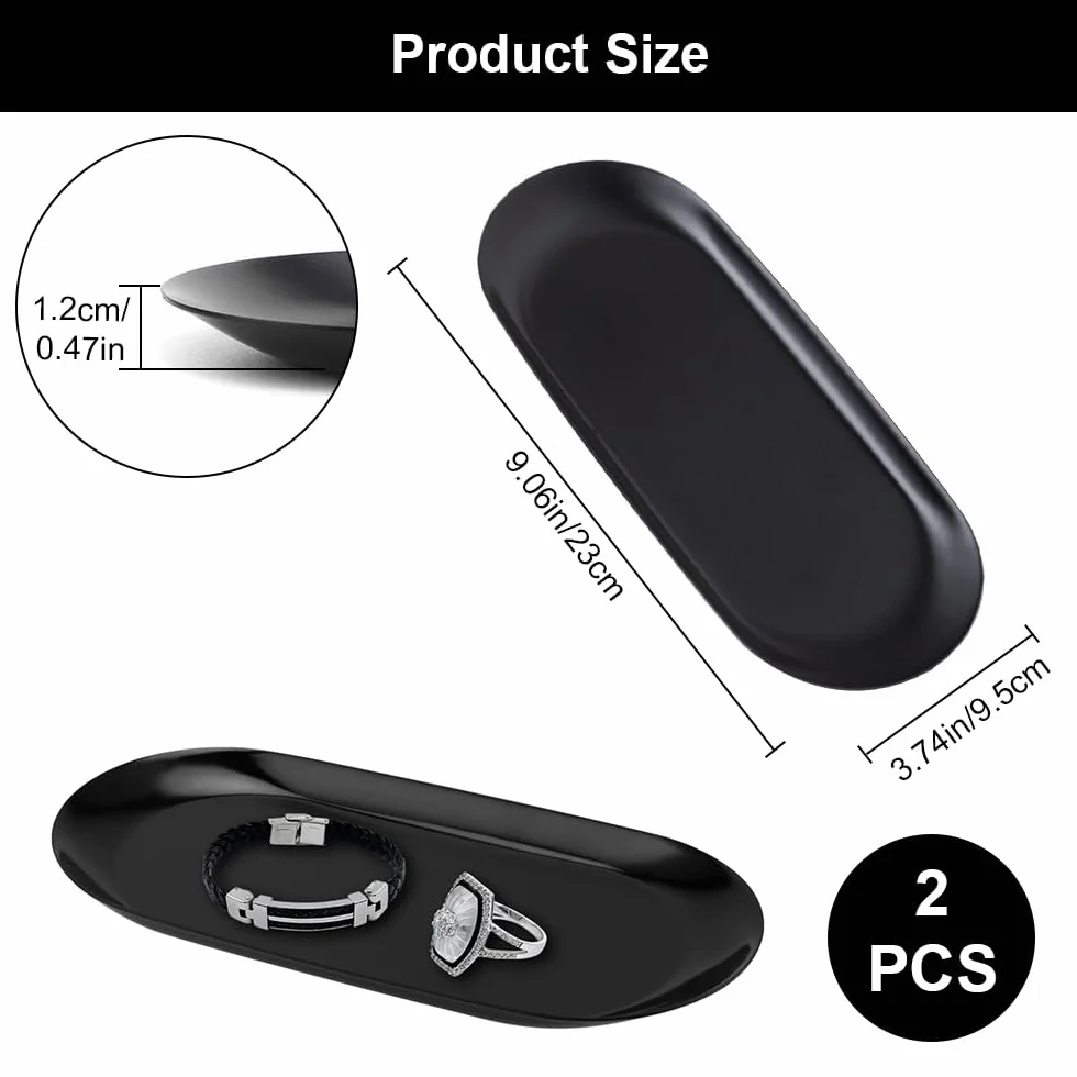 2 sztuki tac dekoracyjnych, czarna, 23 × 9,5 cm, ze stali nierdzewnej, tacka do serwowania, czarna, owalna, czarna, miska na biżuterię, taca na świece, taca na kosmetyki, taca dekoracyjna na desery,