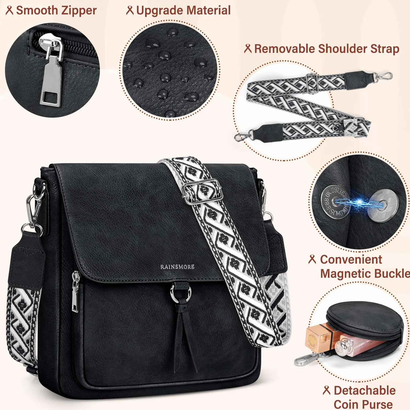 RAINSMORE Torba na ramię damska skóra PU damskie torby na ramię średnia torba crossbody damskie torebki i torby na ramię z regulowanym szerokim paskiem