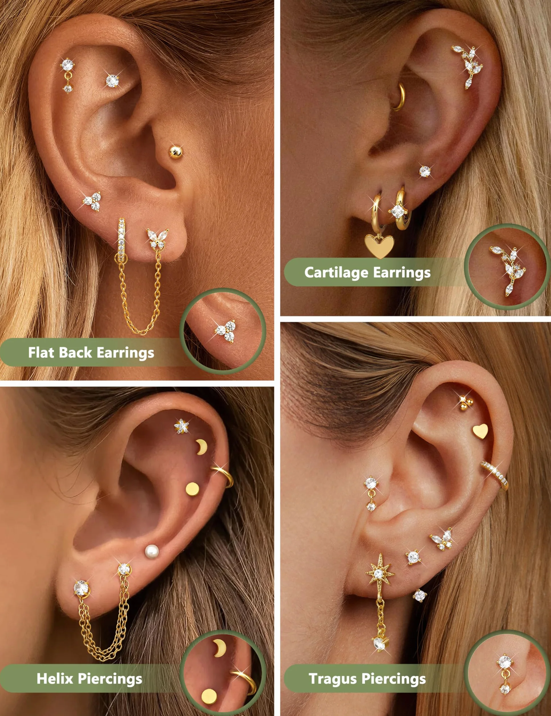 CASSIECA 21 szt. Kolczyki damskie chirurgiczne stal chirurgiczna kolczyk do uszu hipoalergiczne kolczyki damskie Helix Trag Hipoalergiczny Multi Piercing