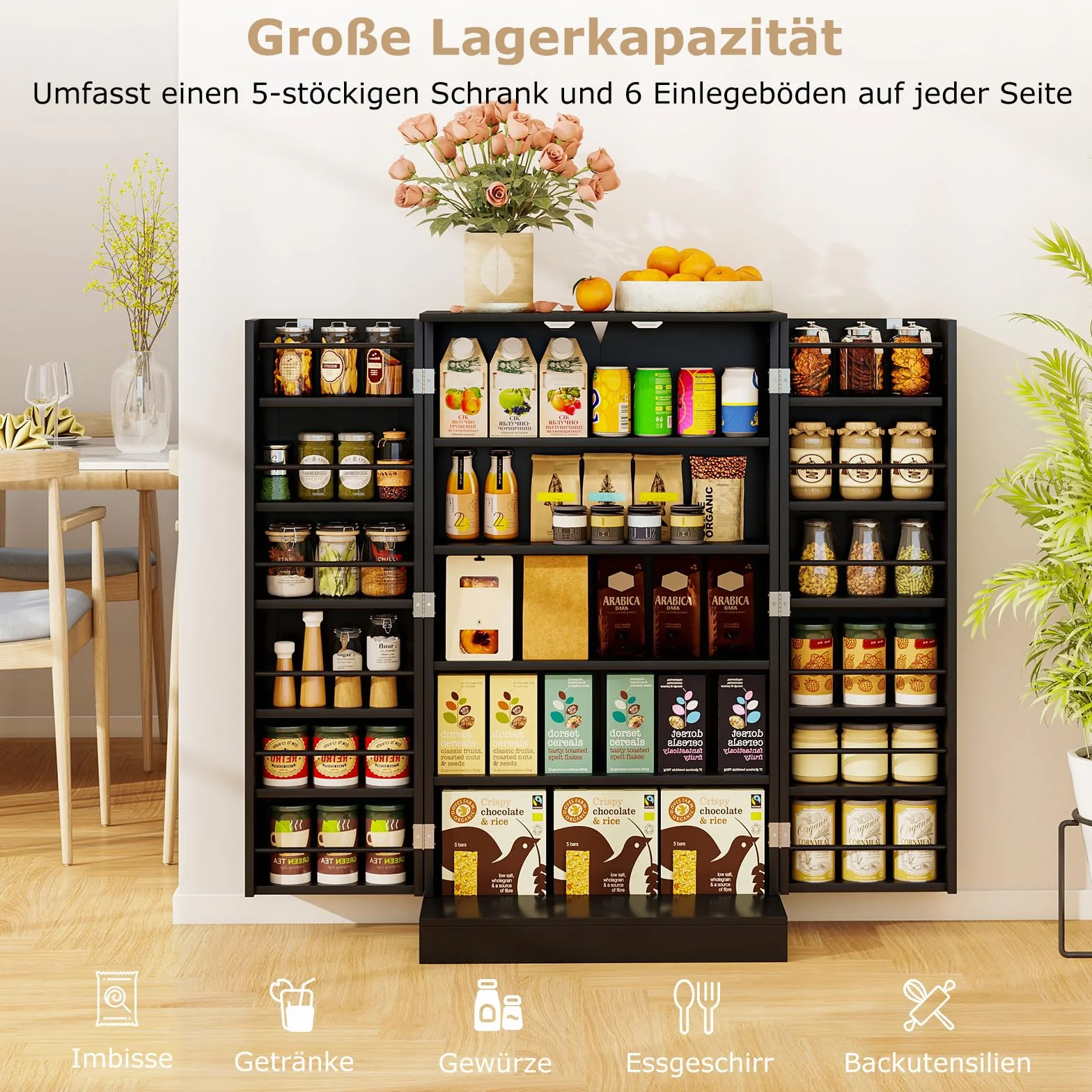 COSTWAY Uniwersalna szafka na zapasy z 6 regulowanymi półkami czarna