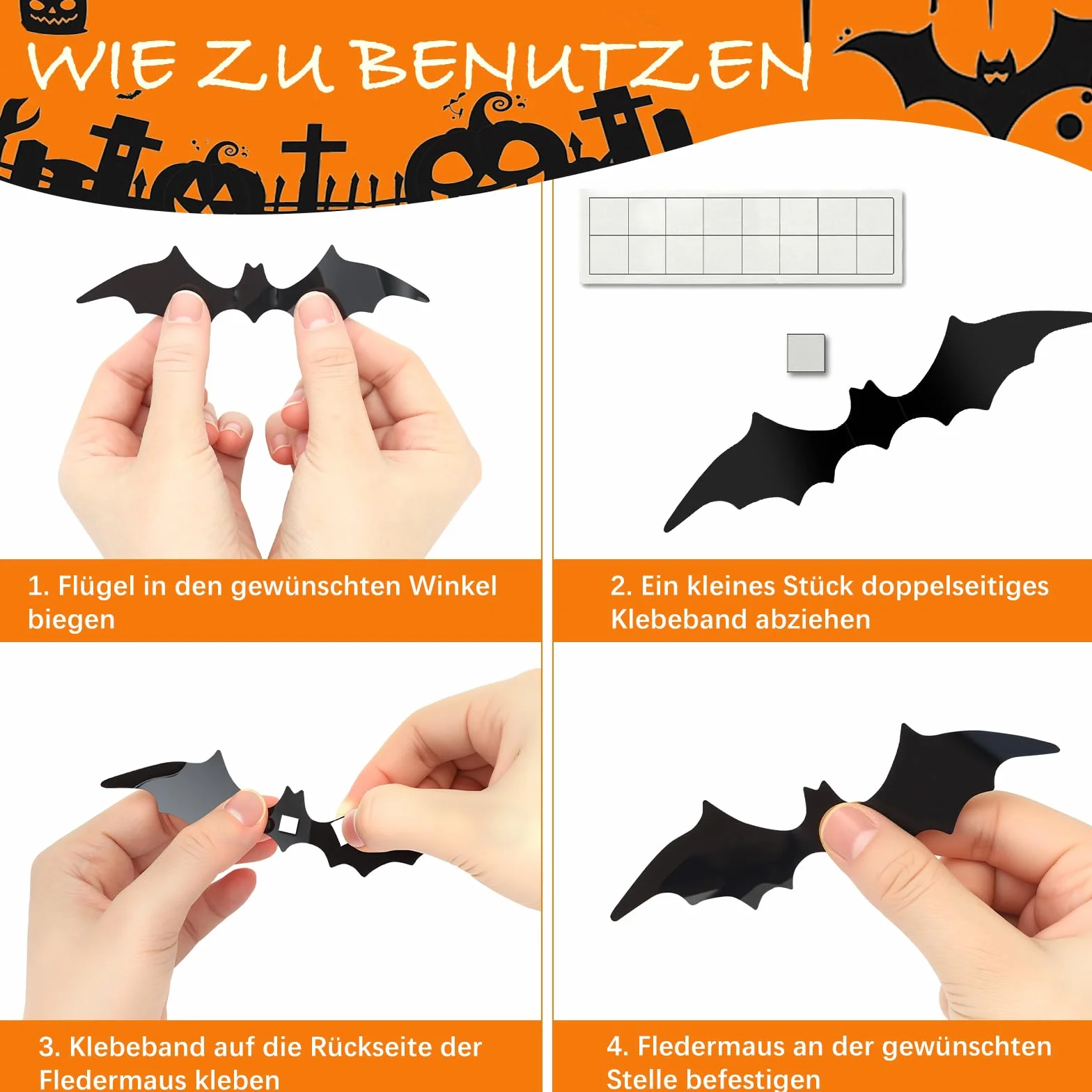 Gucass 72 sztuki naklejki ścienne nietoperz 3D Halloween dekoracje PCW wodoszczelne czarne