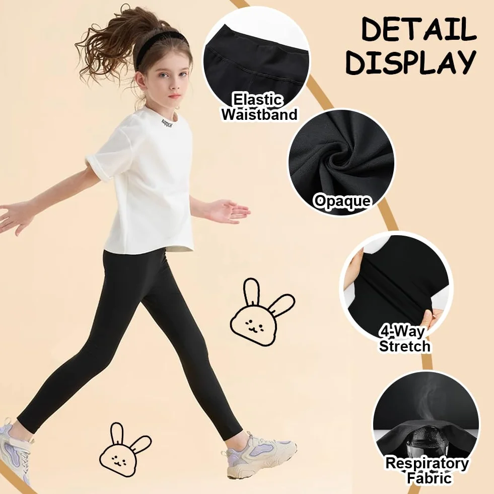 HOTUT Dziewczęce Legginsy, 3PCS Dziewczęce dzieci pełnej długości gładkie legginsy, czarny Dziewczęce Legginsy dla Dziewczynek, Dziecięce Długie Legginsy dla dzieci w wieku 7-14 lat - 140CM