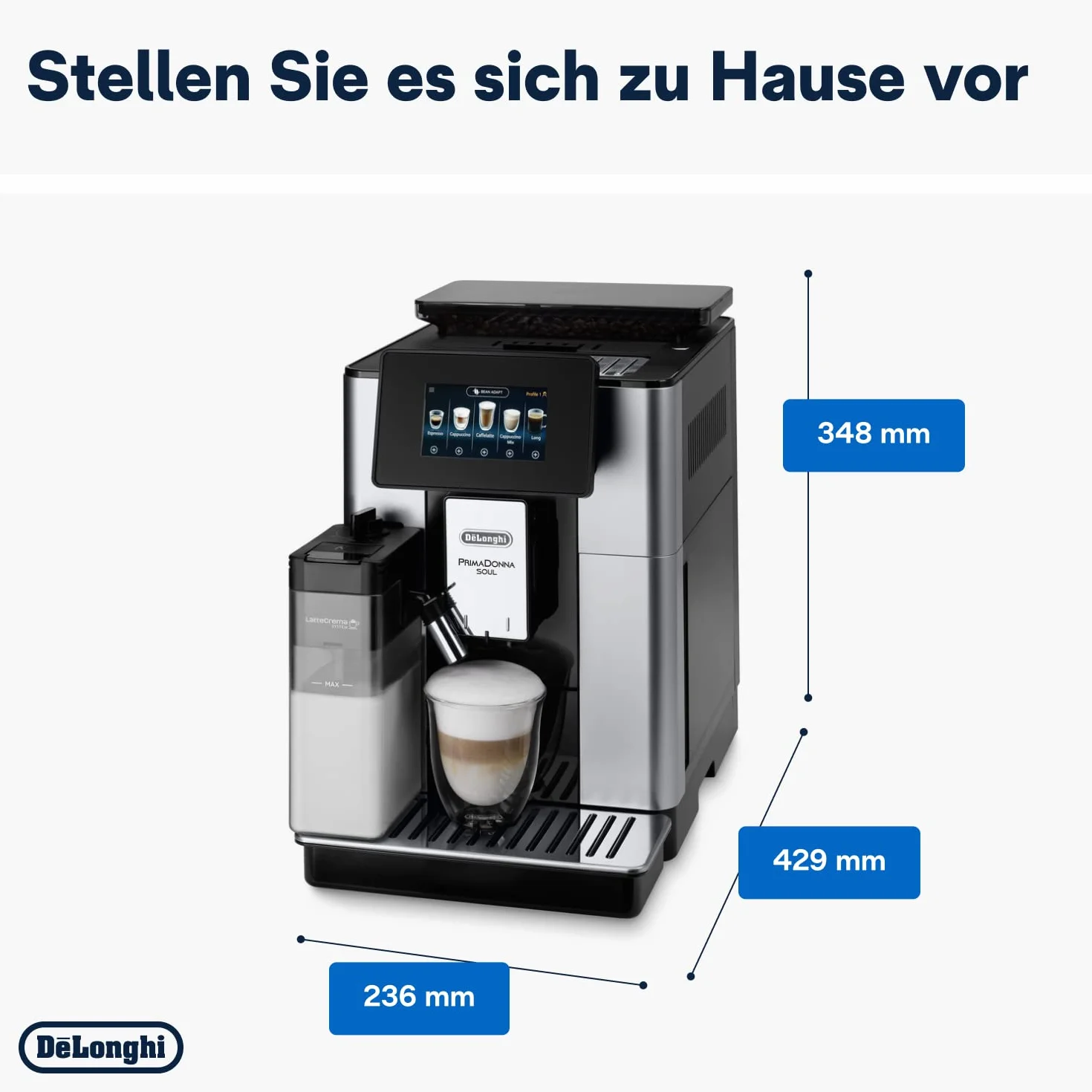 De'Longhi ECAM612.55.SB PrimaDonna Soul Automatyczny Ekspres do Kawy Ziarnistej, 1450 W, LatteCrema, Bean Adapt, Srebrny