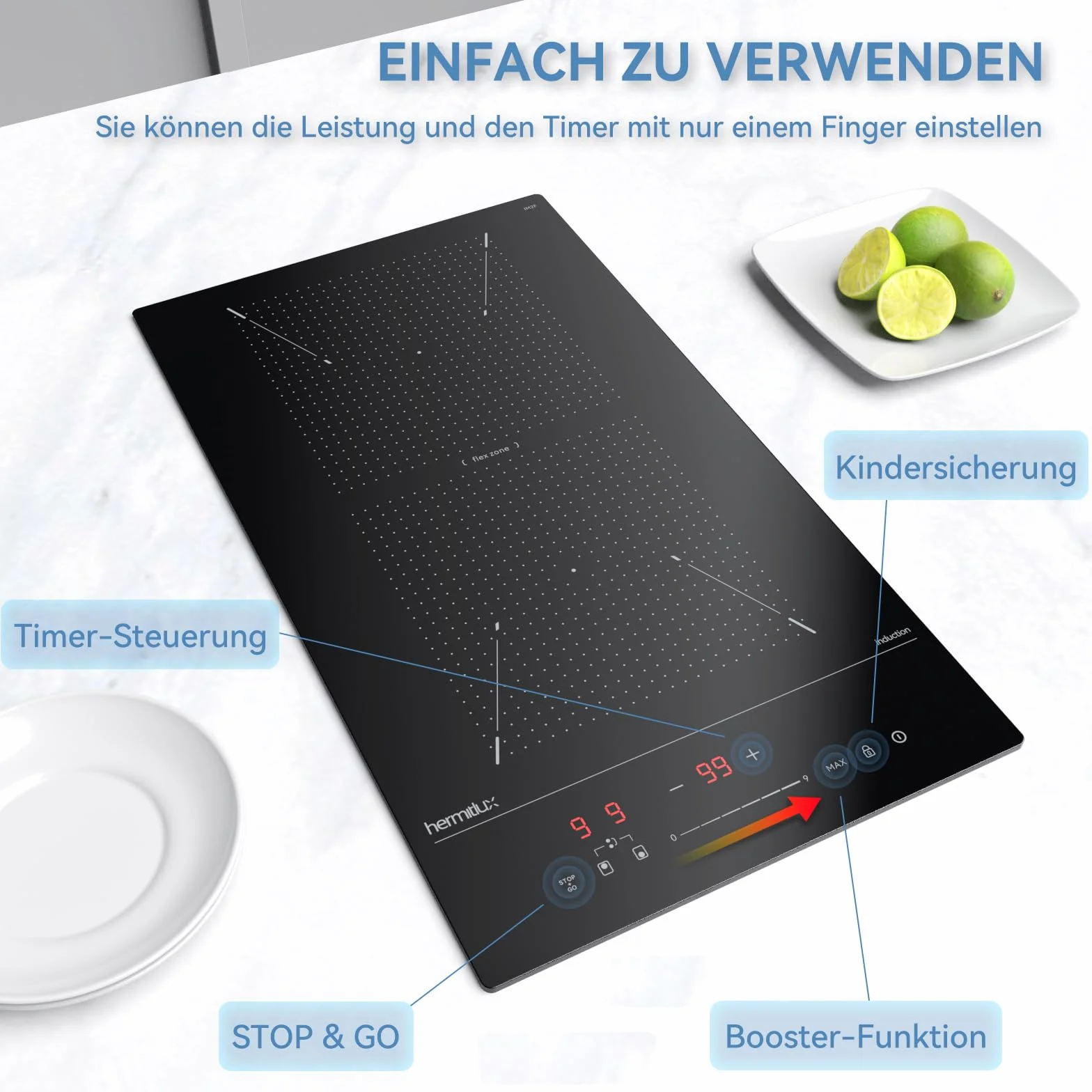 Hermitlux Płyta indukcyjna ze strefami flex, płyta indukcyjna do zabudowy Domino z 9 poziomami mocy i funkcją Booster, wbudowany regulator suwakowy i timer, 30 cm, 3500 W