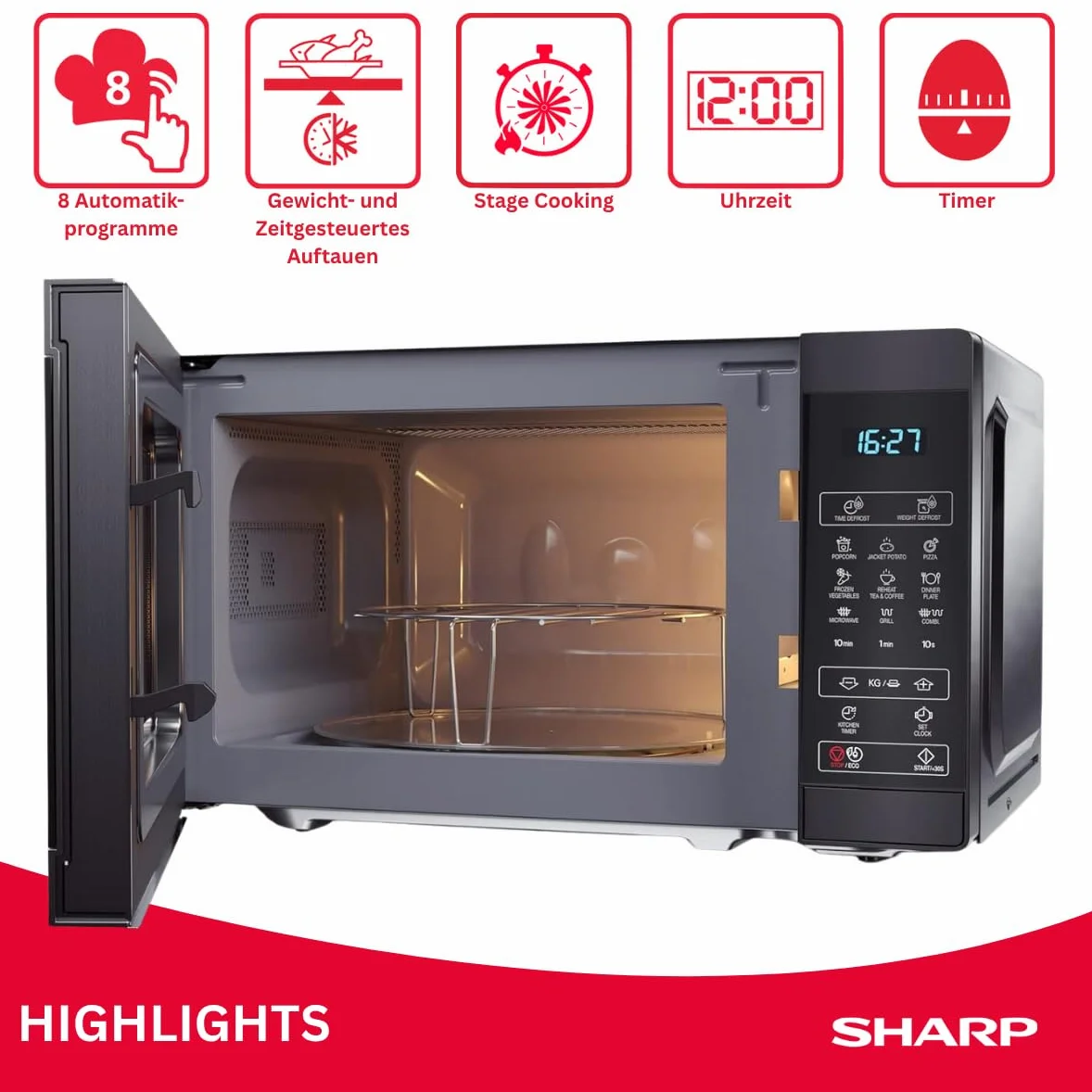 Sharp YC-MG02EB Kuchenka mikrofalowa 20 l grill rozmrażanie 11 poziomów mocy timer płyta obrotowa