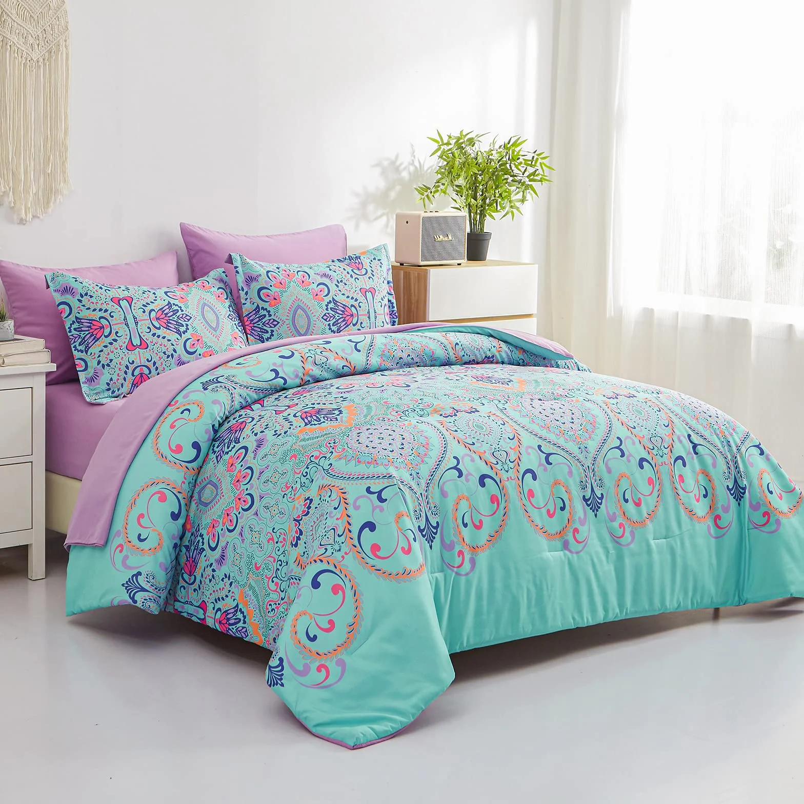 Boho Aqua Lilac Damask Medalion Zestaw kołder King Size 7-częściowy pościel z prześcieradłami