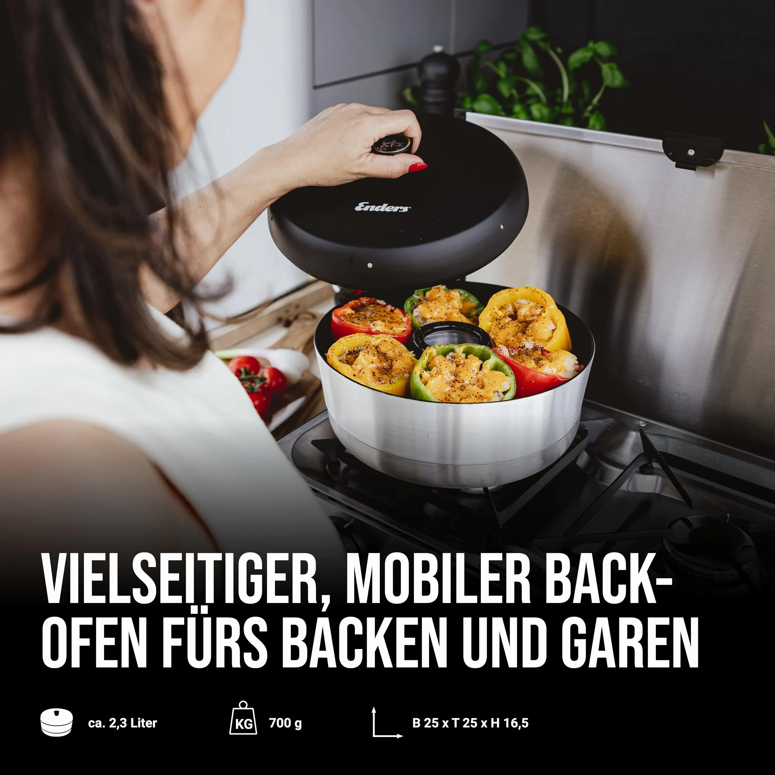 Enders® Przenośny piekarnik kempingowy VAMO™, do pieczenia, gotowania i gotowania, kompatybilny z kuchenkami, grillami lub płytami kuchennymi – z wyjątkiem kuchenek indukcyjnych, pojemność ok. 2,3
